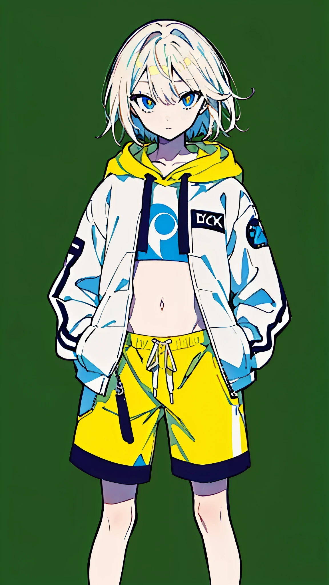 (masterpiece, highest quality:1.6), alone, thick outline, (simple background, Dark yellow background, monochrome, dark yellow theme:1.2), official art, Key Visual, 8K, disorganized, whole body, (Unique hair, Oversized Hoodies, hot pants, arch back, short torso:1.2), belly button, thighs, cowboy shot, HDR, sharp focus, High resolution, most detailed, very detailed, Super detailed, finely, detailed eyes and face, sharp pupils, realistic student, solo, contrast between yellow and light blue, solo, hands in pockets