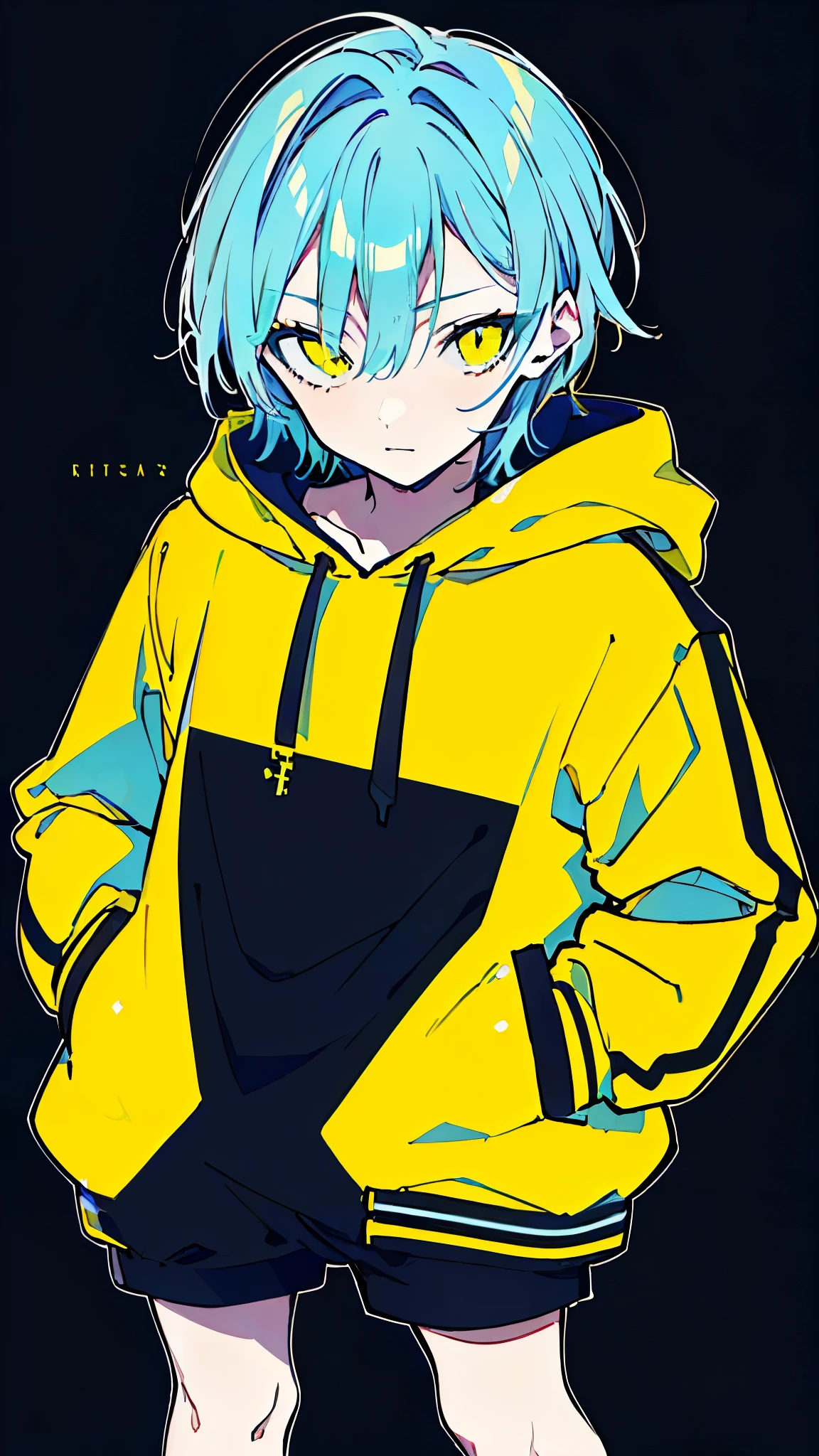 (masterpiece, highest quality:1.6), alone, thick outline, (simple background, Dark yellow background, monochrome, dark yellow theme:1.2), official art, Key Visual, 8k, confused, whole body, (unique hair, oversized hoodie, mini skirt, arch back, short torso, solo:1.2), belly button, thighs, cowboy shot, HDR, sharp focus, High resolution, most detailed, very detailed, Super detailed, finely, detailed eyes and face, sharp pupils, realistic student, alone, alone, put one's hand in one's pocket, Contrast between yellow, light blue and yellow-green