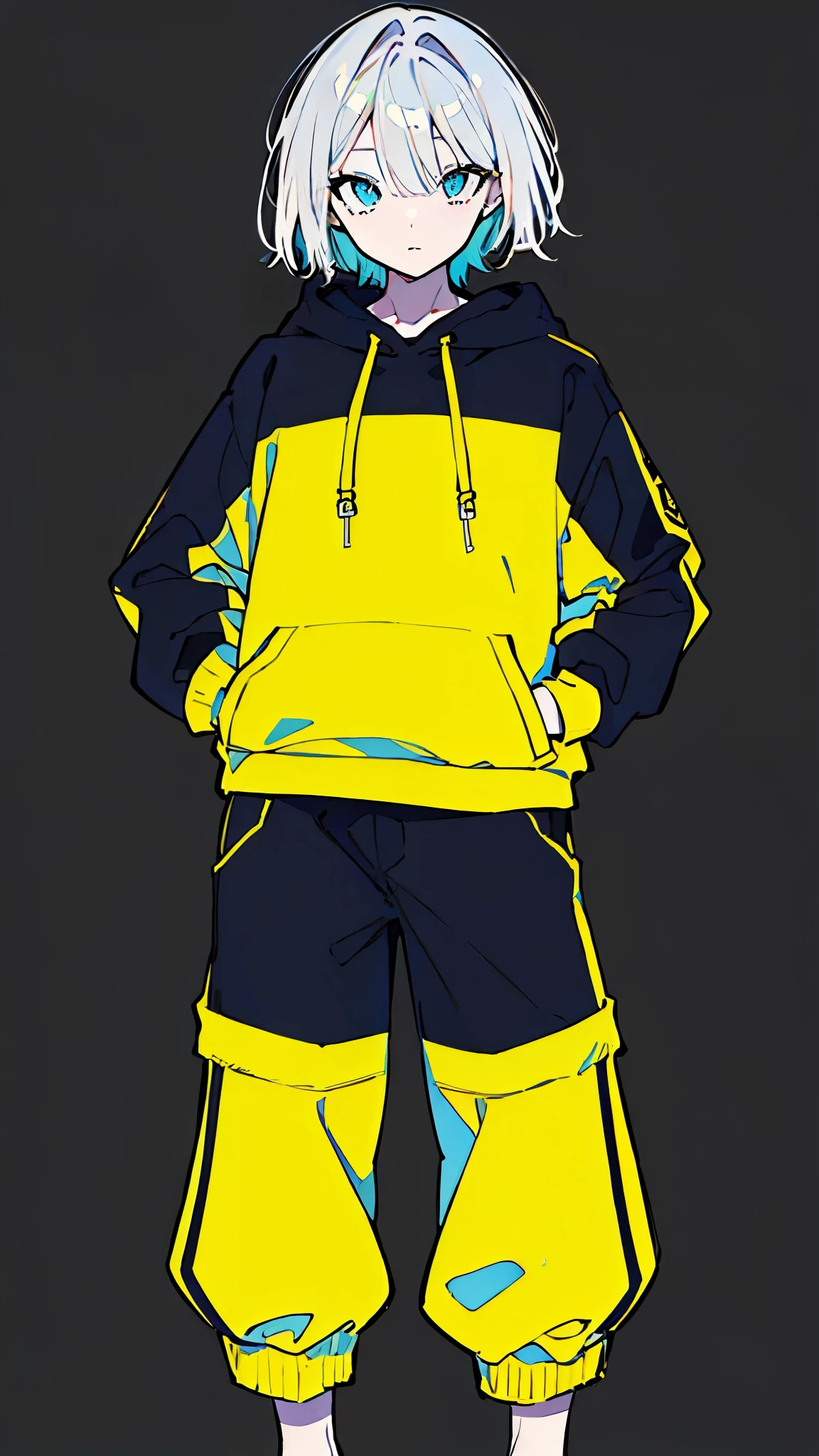 (masterpiece, highest quality:1.6), alone, thick outline, (simple background, Dark yellow background, monochrome, dark yellow theme:1.2), official art, Key Visual, 8K, disorganized, whole body, (Unique hair, Oversized Hoodies, hot pants, arch back, short torso:1.2), belly button, thighs, cowboy shot, HDR, sharp focus, High resolution, most detailed, very detailed, Super detailed, finely, detailed eyes and face, sharp pupils, realistic student, solo, contrast between yellow and light blue, solo, hands in pockets