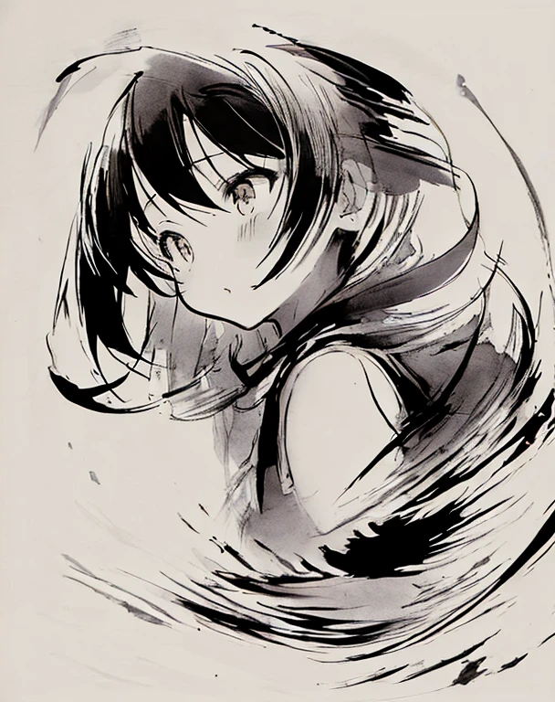 (best quality, ink style drawing:1.2),cute girl, vibrant depiction of human movement, speed line, monochrome, professional lighting