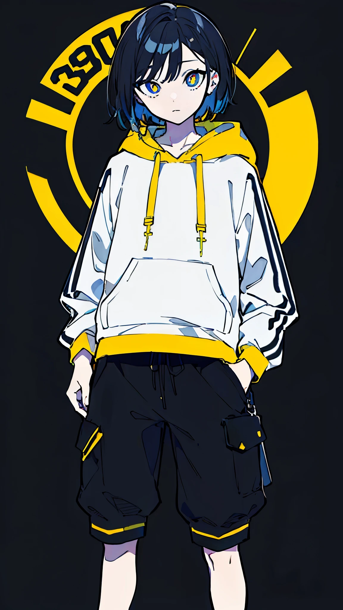 (masterpiece, highest quality:1.6), alone, thick outline, (simple background, Dark yellow background, monochrome, dark yellow theme:1.2), official art, Key Visual, 8K, disorganized, whole body, (Unique hair, Oversized Hoodies, hot pants, arch back, short torso:1.2), belly button, thighs, cowboy shot, HDR, sharp focus, High resolution, most detailed, very detailed, Super detailed, finely, detailed eyes and face, sharp pupils, realistic student, solo, contrast between yellow and light blue, solo, hands in pockets