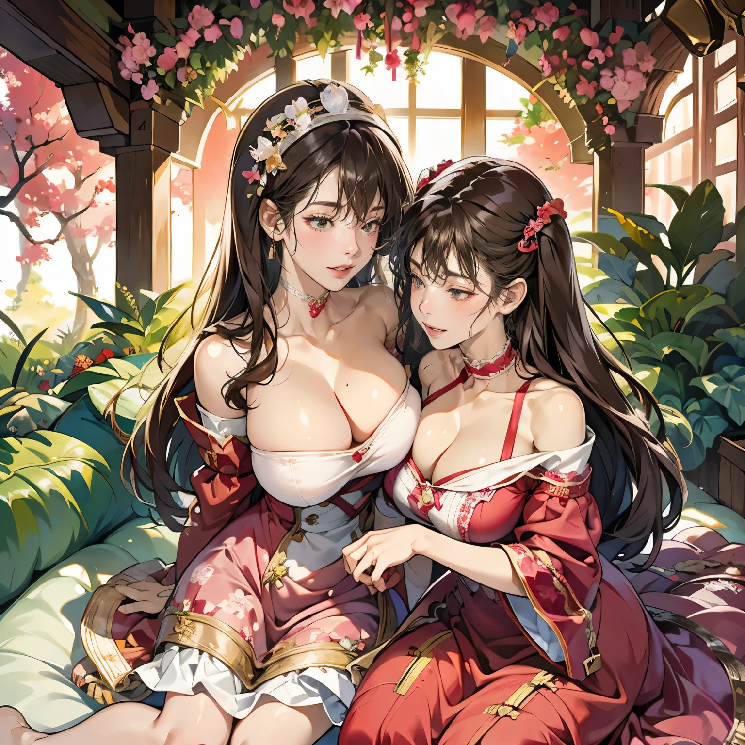 woman in her 20s、two women、women only、fantasy world、official art, unity 8k wallpaper, super detailed, beautifully、beautiful, masterpiece, highest quality, Photoreal、detailed costume、Depth of bounds written, great atmosphere, Calm palette, tranquil mood, soft shading、bbw、Plump body shape、soft skin、big breasts、とてもbig breasts、smile、Hime、Pink and red dress、flower garden、Palace balcony、plant、Floral