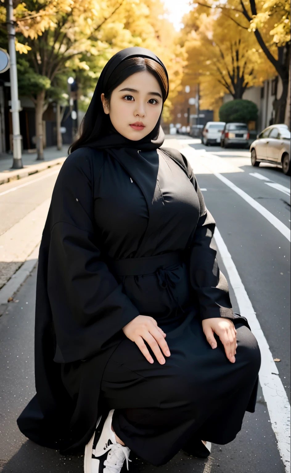 arafed woman in a black dress outfit Sitting in a chair on a sidewalk, hijab fashion model, hijabi outfit, thicc, hijab, korean woman, wearing black robe, asian woman, bbwchan, photograph of a techwear woman, hijab, wearing a black robe, woman in black robes, random pose, wearing dark robe, asian women, korean girl, red sneakers, chubby cheeks. Full body, , 35 years old, thick body, beautiful thick female, wide hips, thick legs, she has a jiggly fat round belly, thick thighs, curvy hourglass figure, thicc, curvy model, widest hips, hyperrealistic full figure, bbwchan, voluptuous body, thick, , hena on arm, hena in belly, , muslim clothes, 37 years woman. , chubby cheeks, 