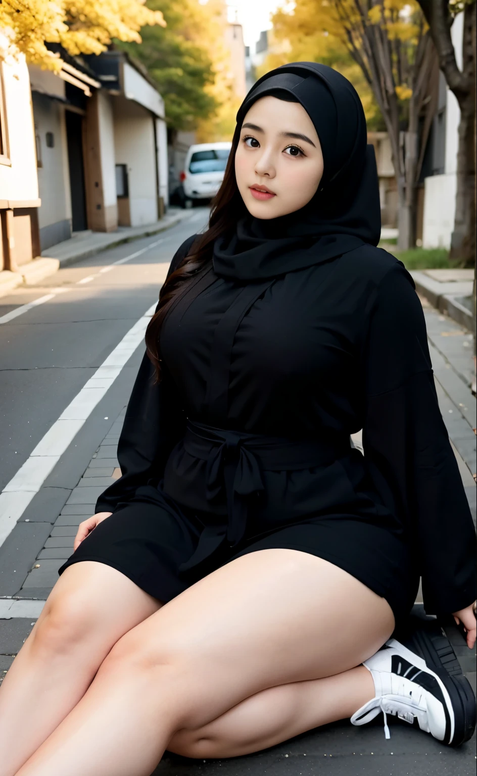 arafed woman in a black dress outfit Sitting in a chair on a sidewalk, hijab fashion model, hijabi outfit, thicc, hijab, korean woman, wearing black robe, asian woman, bbwchan, photograph of a techwear woman, hijab, wearing a black robe, woman in black robes, random pose, wearing dark robe, asian women, korean girl, red sneakers, chubby cheeks. Full body, , 35 years old, thick body, beautiful thick female, wide hips, thick legs, she has a jiggly fat round belly, thick thighs, curvy hourglass figure, thicc, curvy model, widest hips, hyperrealistic full figure, bbwchan, voluptuous body, thick, , hena on arm, hena in belly, , muslim clothes, 37 years woman. , chubby cheeks,