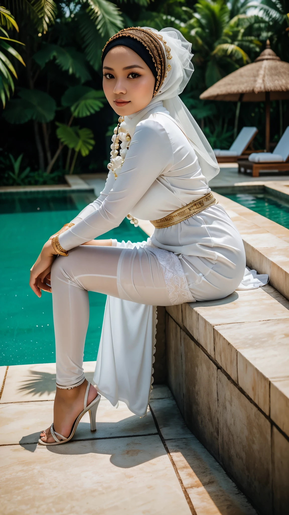 RAW, Best quality, high resolution, Masterpiece: 1.3, Indonesian woman with hijab, curvaceous, wearing Javanese kebaya gamis, dress, beautiful pearl skinned Javanese hijabi wearing tribal slave, heels, Masterpiece, white stockings, Soft smile, sitting next to villa swimming pool