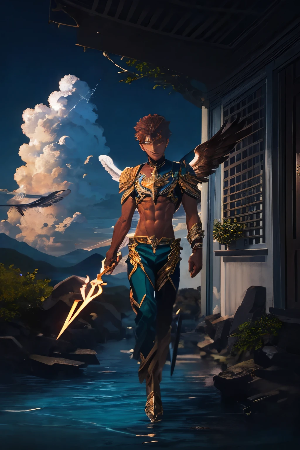 masterpiece, best quality, official art, extremely detailed CG unity 8k wallpaper, ((seraphim ((archangel Gabriel)) revealing himself to be a (dark-skinned young man) wearing blue swimming trunks with (shoulder-length curly reddish-brown hair) (holding the lance of longinus) upright)), walking through a mango tree grove approaching a pristine beach of Haiti, blue sky and soft fluffy white clouds, sunlight beaming on his face, perfect eyes, facing the viewer, full body portrait, smiling