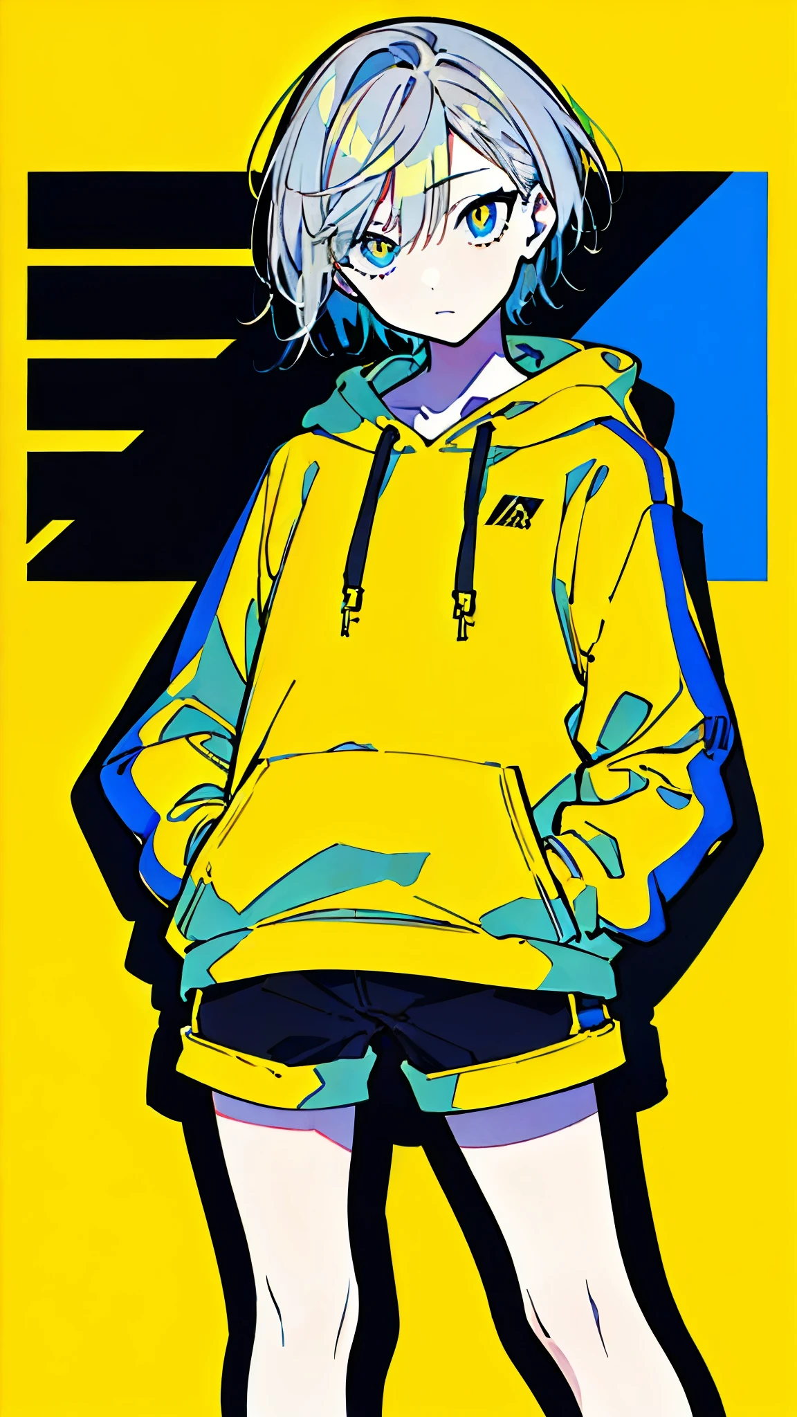 (masterpiece, highest quality:1.6), alone, thick outline, (simple background, Dark yellow background, monochrome, dark yellow theme:1.2), official art, Key Visual, 8K, disorganized, whole body, (Unique hair, Oversized Hoodies, hot pants, arch back, short torso:1.2), belly button, thighs, cowboy shot, HDR, sharp focus, High resolution, most detailed, very detailed, Super detailed, finely, detailed eyes and face, sharp pupils, realistic student, solo, contrast between yellow and light blue, solo, hands in pockets