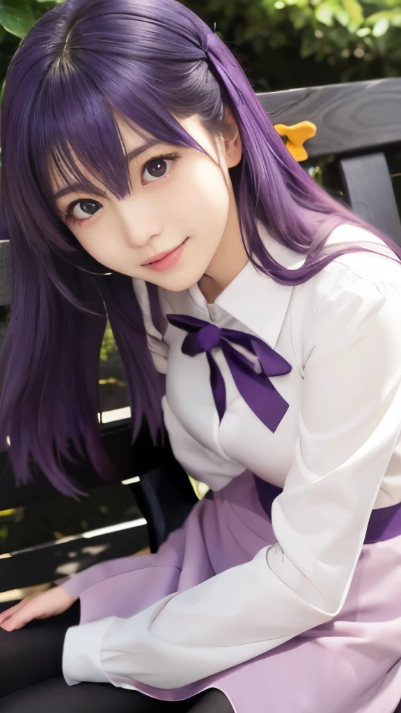 anime girl with purple hair and a pink dress sitting on a bench, misato katsuragi, rei hiroe, close up iwakura lain, iwakura lain, yuyushiki, gapmoe yandere, reisen udongein inaba, tsubasa nakai's style, anime girl named lucy, close up of iwakura lain