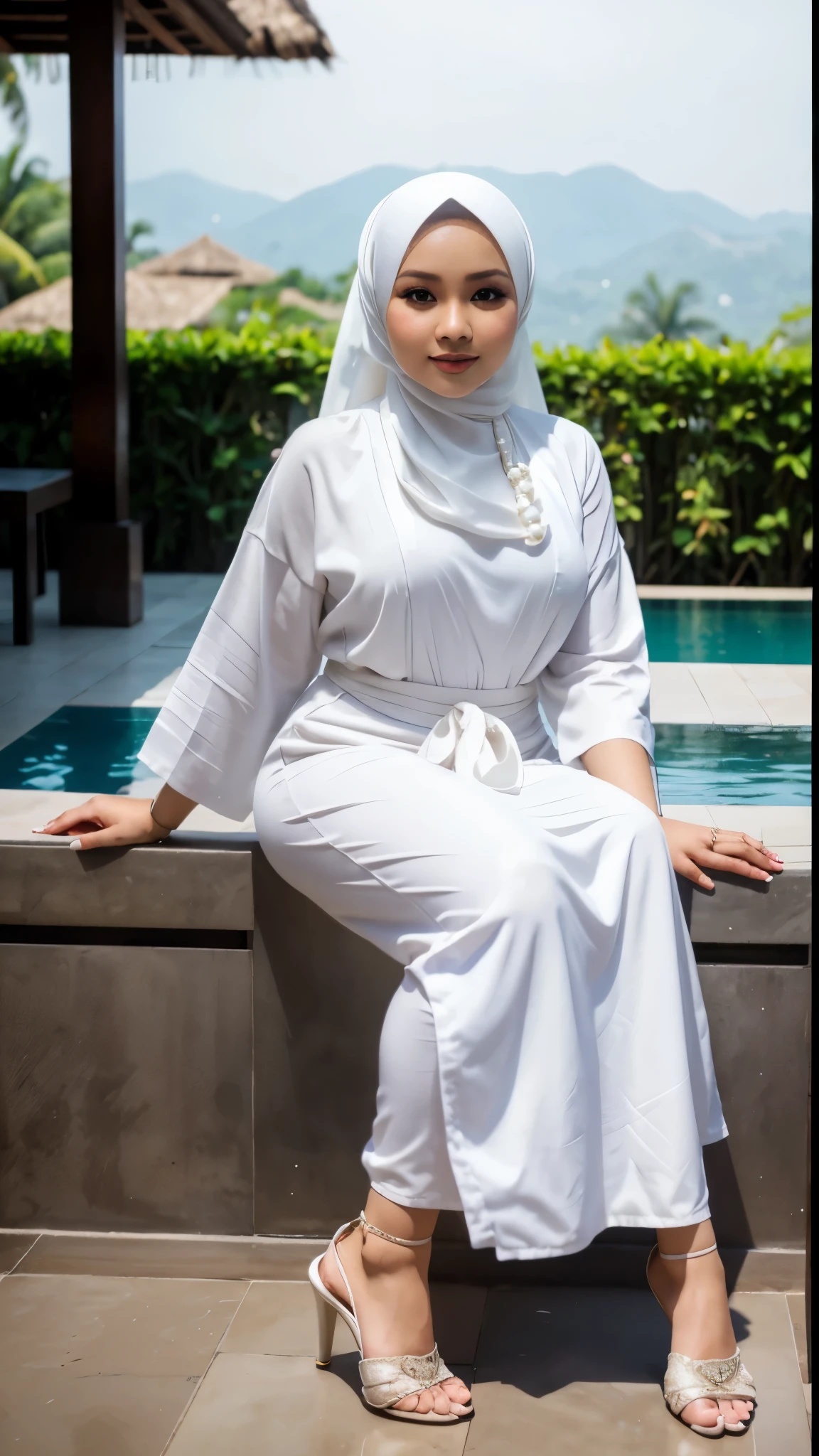 RAW, Best quality, high resolution, Masterpiece: 1.3, Indonesian woman with hijab, curvaceous, wearing Javanese kebaya gamis, dress, beautiful pearl skinned Javanese hijabi wearing tribal slave, heels, Masterpiece, white stockings, Soft smile, sitting next to villa swimming pool