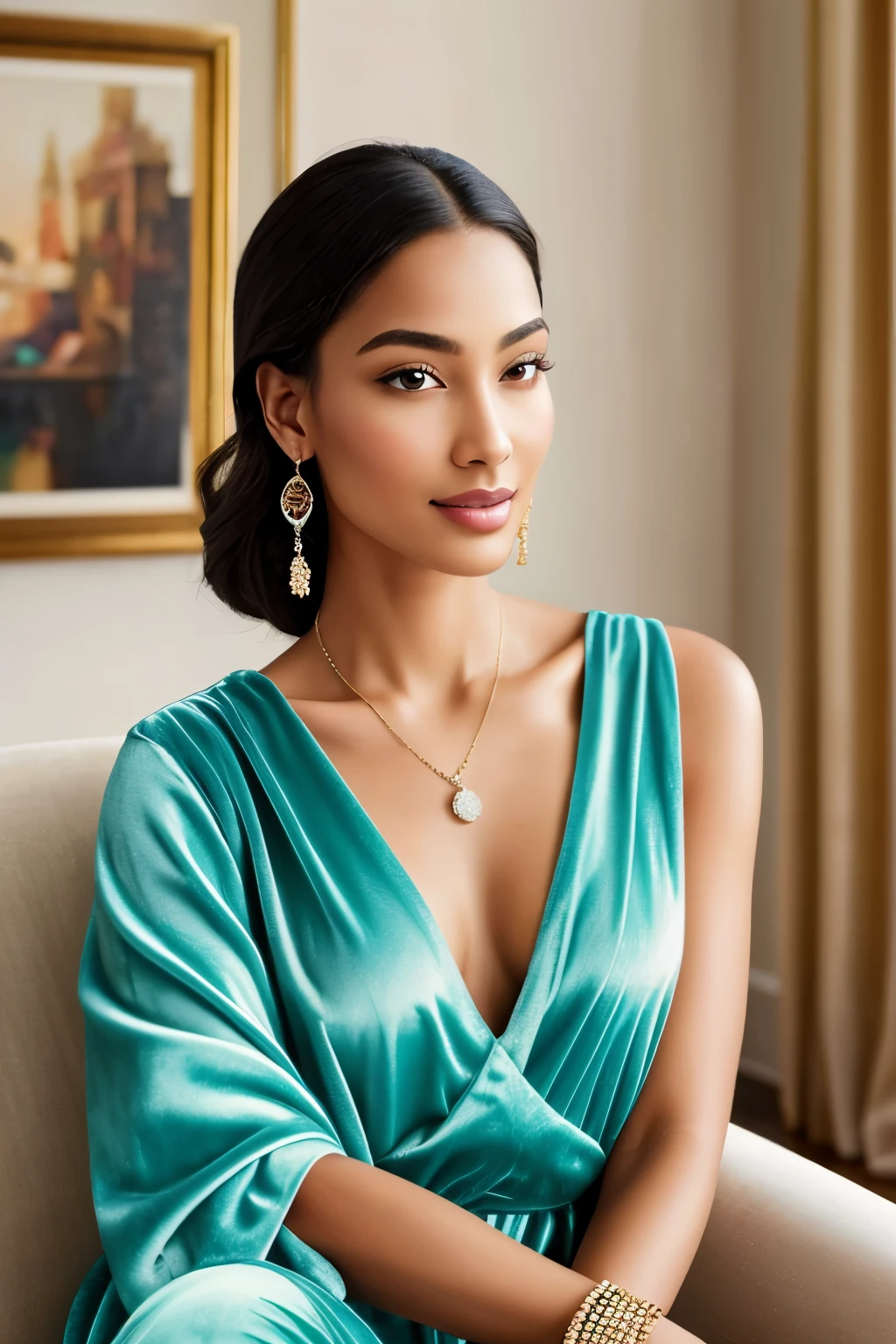and confident expression, vibrant colors, soft lighting, sitting on a velvet chair, against a luxurious backdrop, with a subtle smile, in a cozy and elegant living room, surrounded by art pieces, sparkling earrings, wearing a stylish bracelet, a delicate ring on her finger, with a touch of glamour and sophistication, capturing the essence of femininity and charm, exuding confidence and grace, showcasing her individuality and beauty, with attention to every intricate detail, glowing complexion, flawless skin, in a relaxed and natural pose, radiating both strength and vulnerability, a timeless and captivating portrait. (best quality, ultra-detailed, realistic:1.37), Portraits, vibrant color palette, warm and soft tones.