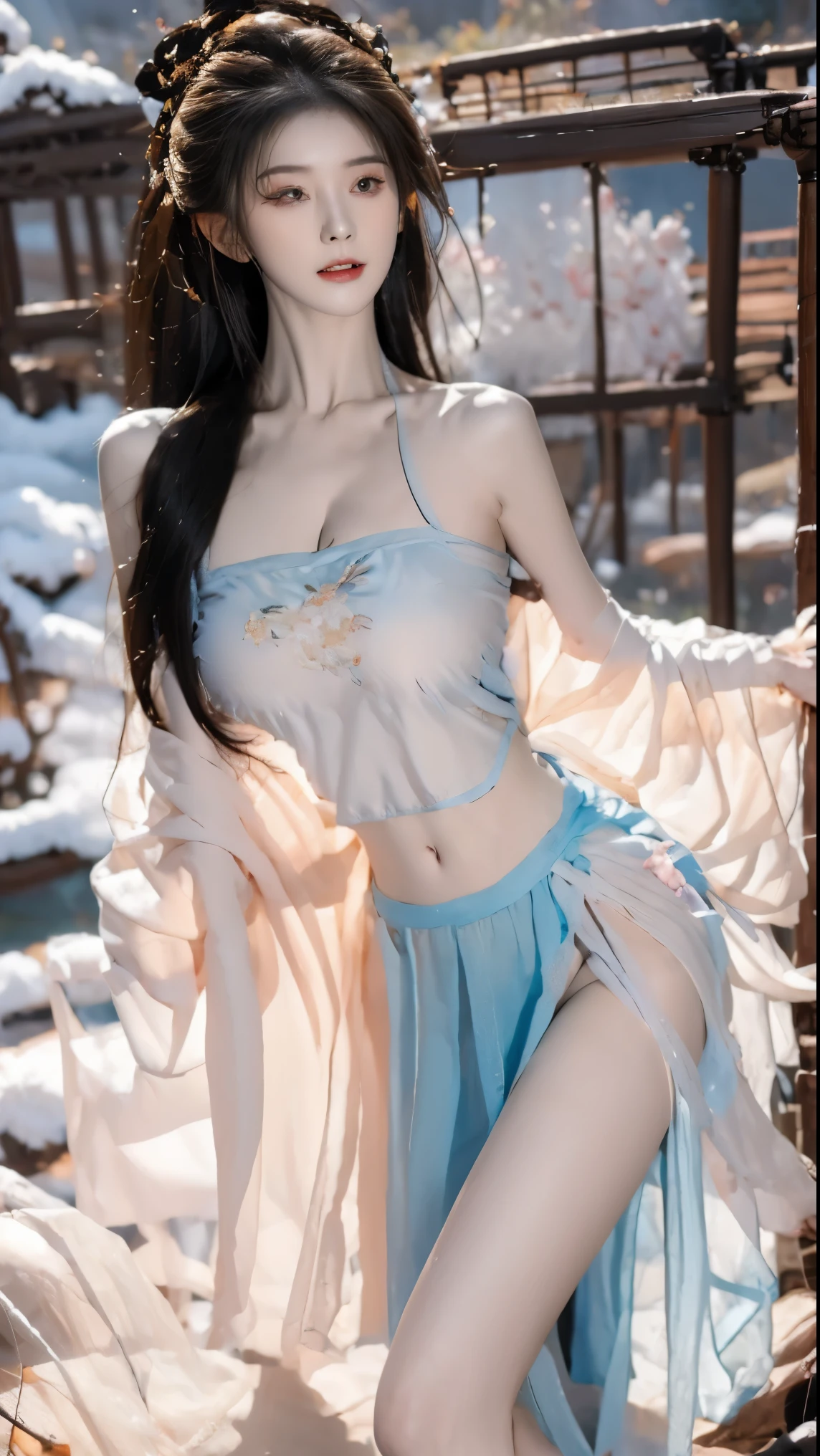 best picture quality,Very detailed,extremely high resolution,perfect body proportions,Works by top photographers。Beautiful Hanfu girl,long eyelashes,big eyes,shining eyes,lying silkworm,plump lips,small nose,a happy expression,Sweet,Exquisite makeup,full-body shot,snow White, Jade legs are thin and straight,snow white skin,White embroidered skirt,necklace,Expose long legs,lace,Sweet,long hair fluttering,best quality,masterpiece,full-body shot,facial focus,The bust is very prominent,thin waist,snow white belly,belly button,imagine,Seven part shoot model: hanfu, CFG scale: 7, Lola: future fashion(0.4)、rainbow(0.4)、martial arts(0.2)、Asian face woman-2(0.4)、poetic fairy tale(0.01)