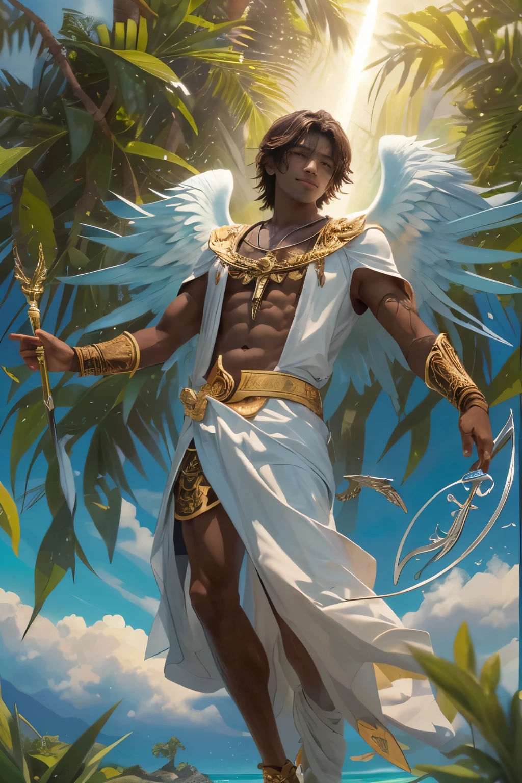 masterpiece, best quality, official art, extremely detailed CG unity 8k wallpaper, ((seraphim ((archangel Gabriel)) revealing himself to be a (dark-skinned young man) wearing blue swimming trunks with (shoulder-length curly reddish-brown hair) (holding the lance of longinus) upright)), walking through a mango tree grove approaching a pristine beach of Haiti, blue sky and soft fluffy white clouds, sunlight beaming on his face, perfect eyes, facing the viewer, full body portrait, smiling
