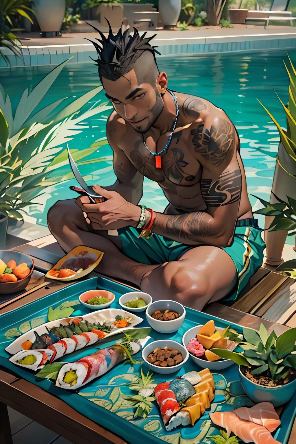 ((cheerful ((tanned ((Haitian)) man)) with shoulder-length hair sitting poolside while preparing fresh sushi platter, (wearing detailed luxury swimming trunks), (wearing azurite gem necklace), (watercolor cannabis and flower tattoos on arms and legs), mangoes and fish and rice and cigar and cannabis leaves and singular santoku knife surrounding sushi platter, high quality photo, sitting quietly poolside (with many potted cannabis sativa plants surrounding pool during foggy sunrise)