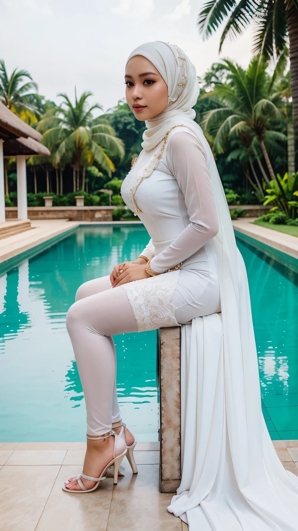 RAW, Best quality, high resolution, Masterpiece: 1.3, Indonesian woman with hijab, curvaceous, wearing Javanese kebaya gamis, dress, beautiful pearl skinned Javanese hijabi wearing tribal slave, heels, Masterpiece, white stockings, Soft smile, sitting next to villa swimming pool