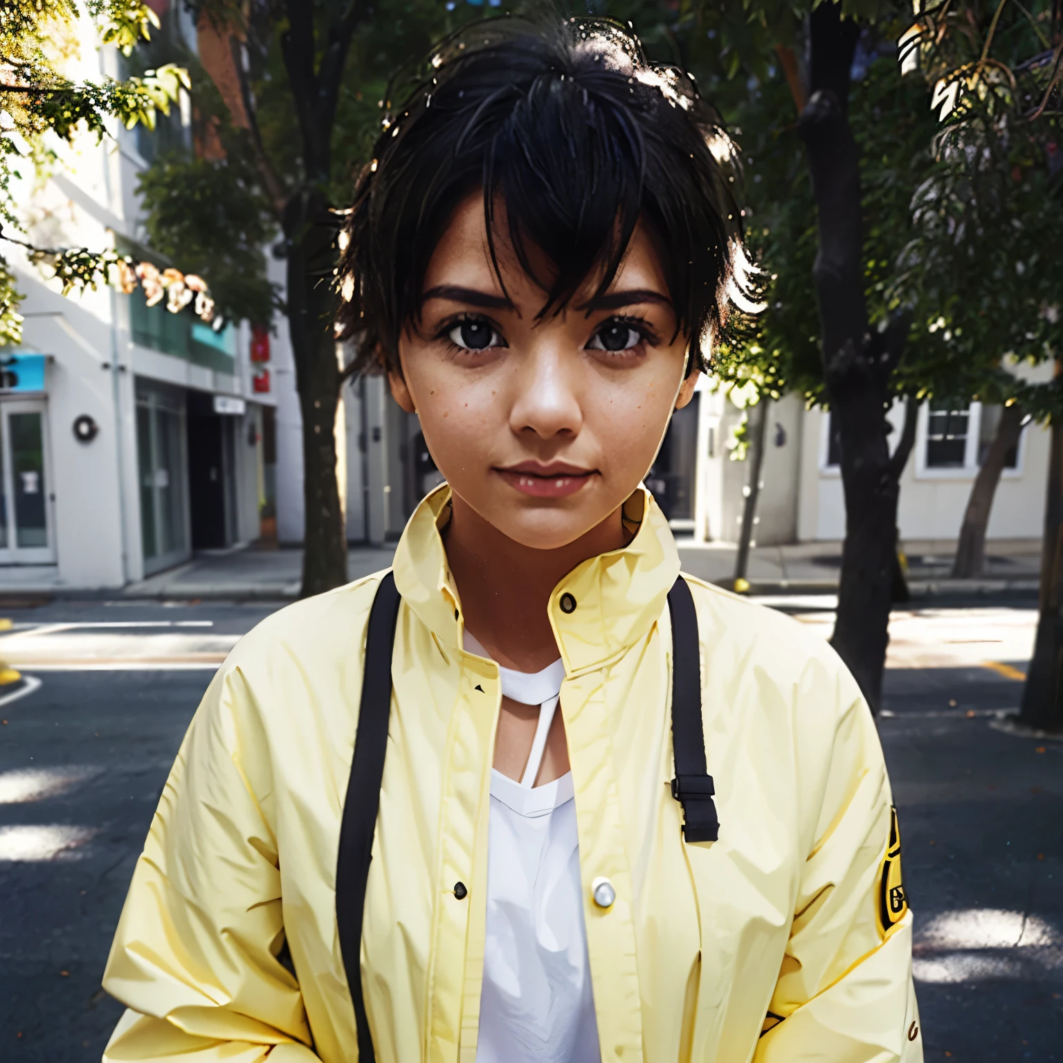 girl,yellow short hair,White coat,Black clothes
