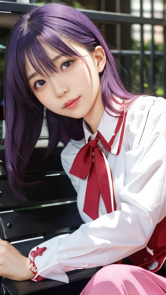 anime girl with purple hair and a pink dress sitting on a bench, misato katsuragi, rei hiroe, close up iwakura lain, iwakura lain, yuyushiki, gapmoe yandere, reisen udongein inaba, tsubasa nakai's style, anime girl named lucy, close up of iwakura lain