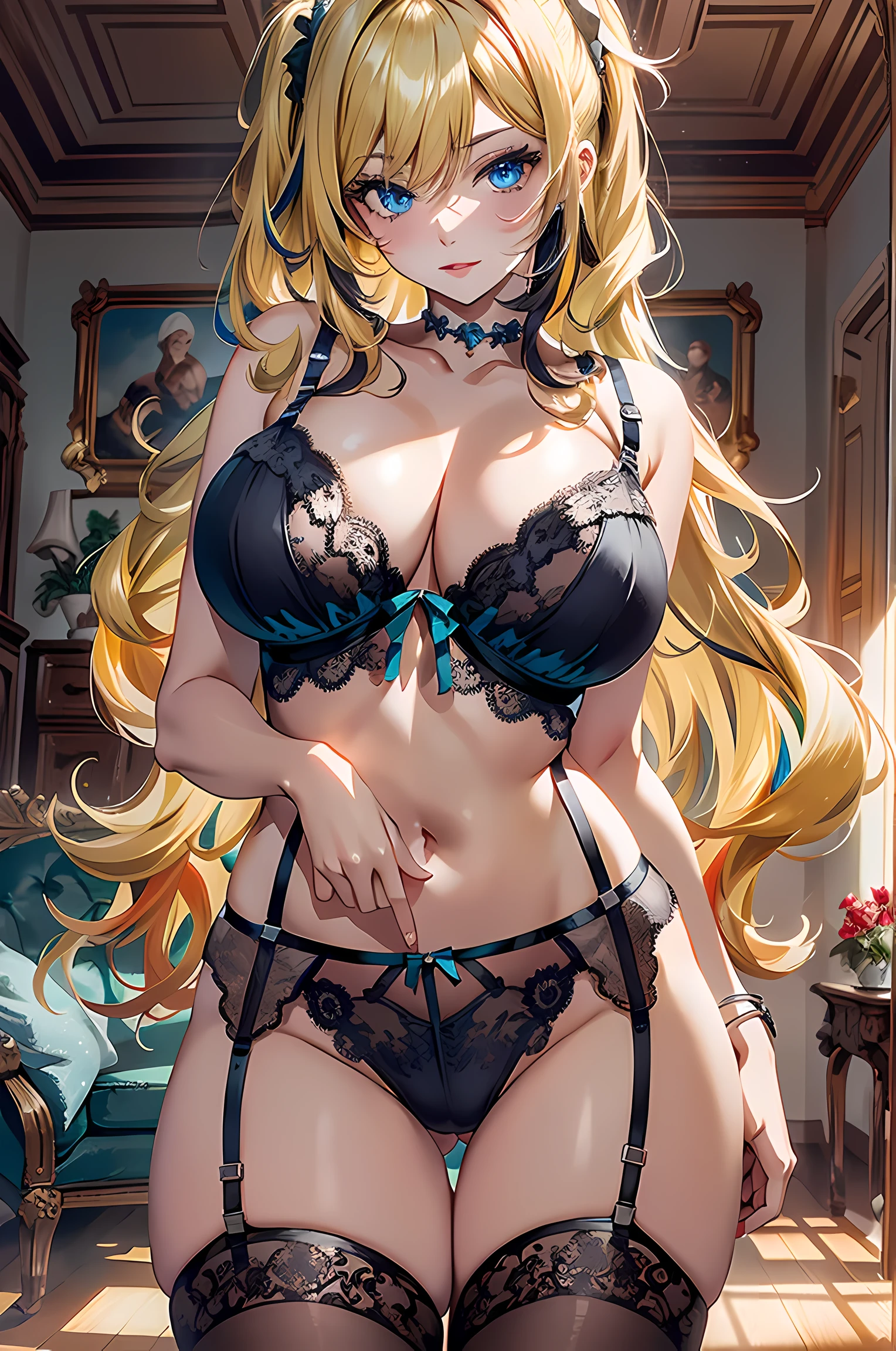 absurd, 8 TAUSEND, high resolution, Ultradetailliert, Nice, Meisterwerk, best quality, very pretty woman, jung, (mehrfarbige Dessous:1.6), sexy, Rote Haare, (blondes Haar:1.5), blaue Augen, (very big breasts:1.4), detailliertes Frauengesicht, barbara(GenshinImpact)