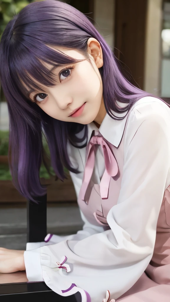 anime girl with purple hair and a pink dress sitting on a bench, misato katsuragi, rei hiroe, close up iwakura lain, iwakura lain, yuyushiki, gapmoe yandere, reisen udongein inaba, tsubasa nakai's style, anime girl named lucy, close up of iwakura lain