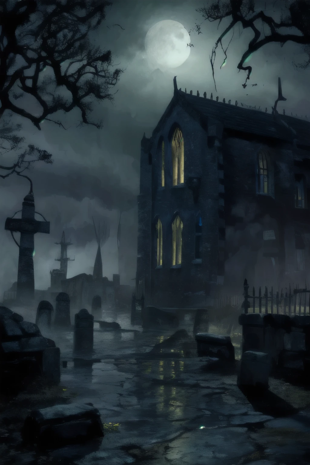 Innsmouth's Haunting Reverie: Envision a hauntingly atmospheric scene inspired by H.P. Lovecraft's tale, "The Shadow over Innsmouth." In this digital artwork, portray the eerie town of Innsmouth cloaked in an oppressive darkness. Dilapidated and weather-worn buildings line the cobblestone streets, their windows reflecting a muted, ominous glow. The moon peers through a canopy of thick clouds, casting a pale, spectral light that barely illuminates the decayed facades. A sense of foreboding permeates the air, as if the town itself harbors a hidden, ancient secret. The overall composition should evoke a feeling of unease, drawing viewers into the unsettling embrace of Innsmouth's shadowy embrace.