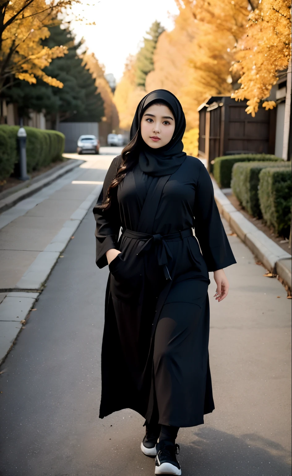 arafed woman in a black dress outfit Stand on a sidewalk, hijab fashion model, hijabi outfit, thicc, hijab, korean woman, wearing black robe, asian woman, bbwchan, photograph of a techwear woman, hijab, wearing a black robe, woman in black robes, random pose, wearing dark robe, asian women, korean girl, red sneakers, chubby cheeks. Full body, , 35 years old, thick body, beautiful thick female, wide hips, thick legs, she has a jiggly fat round belly, thick thighs, curvy hourglass figure, thicc, curvy model, widest hips, hyperrealistic full figure, bbwchan, voluptuous body, thick, , hena on arm, hena in belly, , muslim clothes, 37 years woman. , chubby cheeks, 