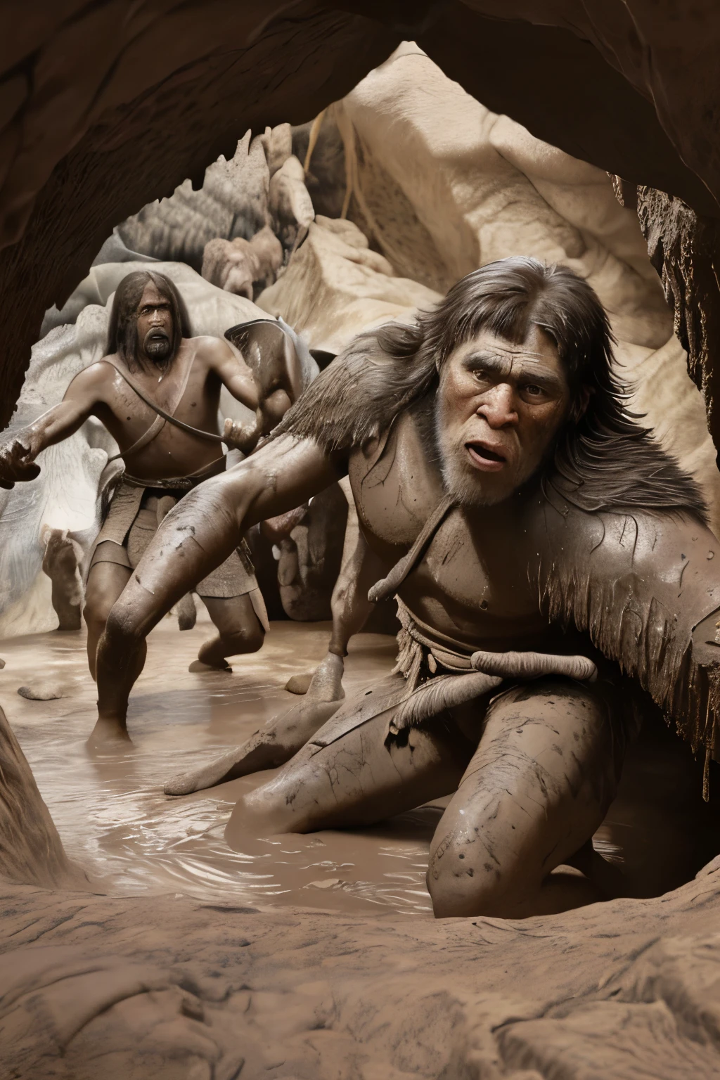 High resolution, ultra-detailed illustration depicting a realistic prehistoric battle scene between Neanderthals and Homo sapiens, ancient warfare, ((historical accuracy:1.2)), realistic anatomy, detailed facial features, tribal markings, primal weapons, authentic stone tools, realistic landscapes, intricate details of clothing and armor, intense action, ((accurate terrain:1.3)), historical realism, dynamic composition, ((fighting in a cave:1.4)), realistic wildlife, atmospheric lighting, ((dirt and mud:1.2)), professional paleo-artist, trending on scientific journals, 64k resolution, detailed expressions, primal conflict, realistic fire effects, ((realistic flora:1.2)), ((accurate fauna:1.3)), captivating storytelling, realistic depiction of primitive society.
