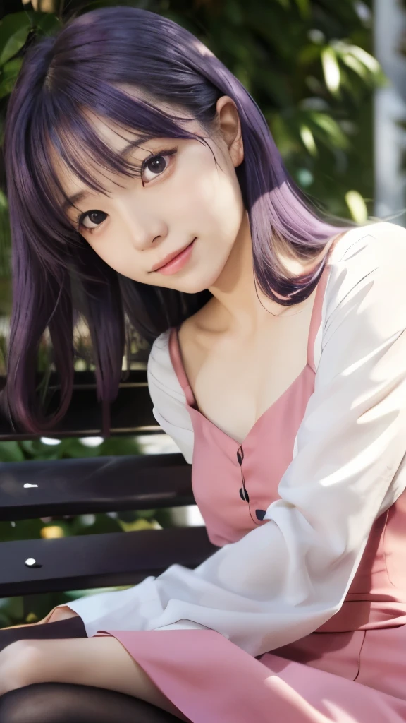 anime girl with purple hair and a pink dress sitting on a bench, misato katsuragi, rei hiroe, close up iwakura lain, iwakura lain, yuyushiki, gapmoe yandere, reisen udongein inaba, tsubasa nakai's style, anime girl named lucy, close up of iwakura lain