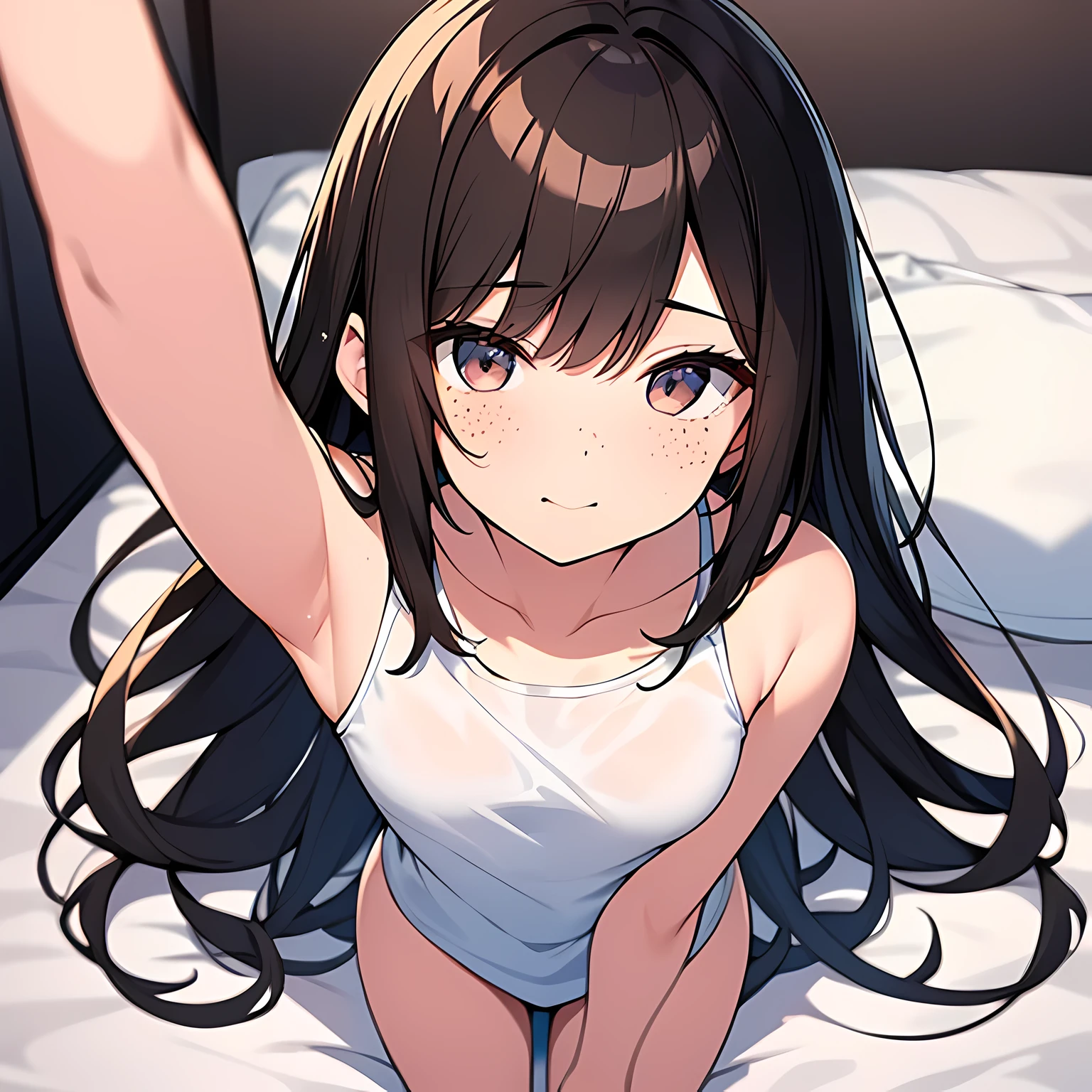 Harumi Fumiko en un plano de cuerpo completo, 18 year old woman with long brown hair, ojos cafe claro, piel blanca, small freckles, small and perfect nose a little turned up (Fondo de pantalla 8K extremadamente detallado), sonriendo, con las manos por detras, gran calidad anime, descansando en la cama, ropa interior blanca, NSFW:1,2, manos perfectas, posicion atrevida, coqueta. Perfectamente realizado. anatomicamente correcto, ropa interior