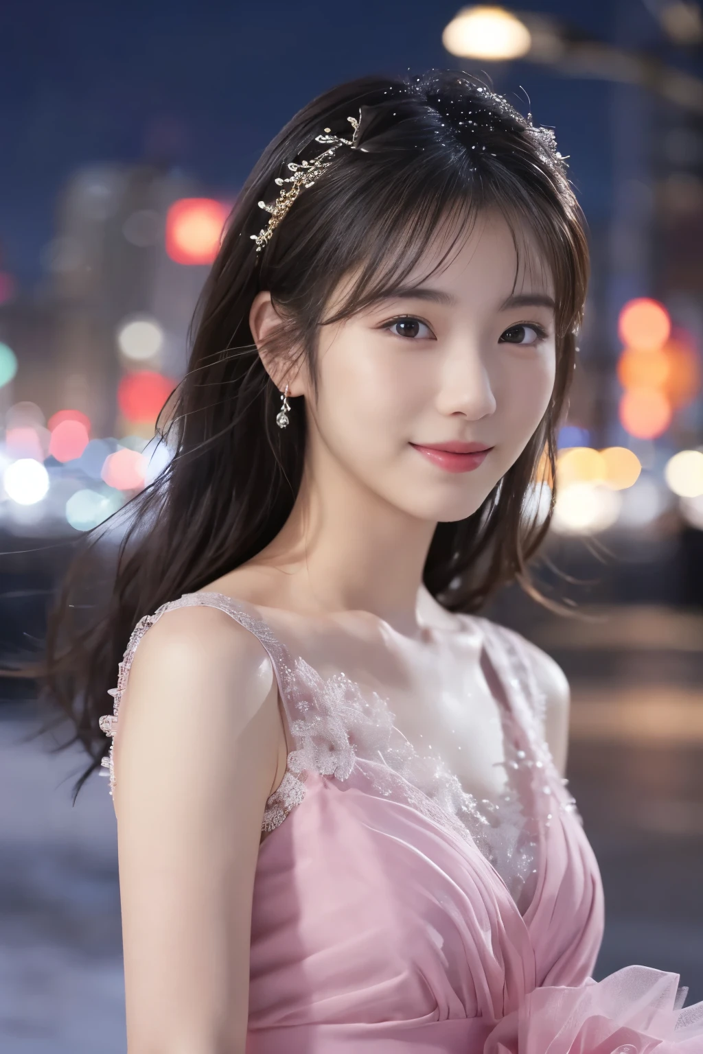 1 girl, (Wearing a pink dress:1.2), beautiful japanese actress,
(RAW photo, highest quality), (realistic, Photoreal:1.4), masterpiece, 
very delicate and beautiful, very detailed, 2k wallpaper, wonderful, 
finely, very detailed CG Unity 8K 壁紙, Super detailed, High resolution, 
soft light, beautiful detailed girl, very detailed目と顔, beautifully detailed nose, beautiful and detailed eyes, cinematic lighting, 
break
(Against the backdrop of a snowy night cityscape 1.3), city lights, (Snow is flying:1.3), 
perfect anatomy, slender body, smile, Face the front completely, look at the camera