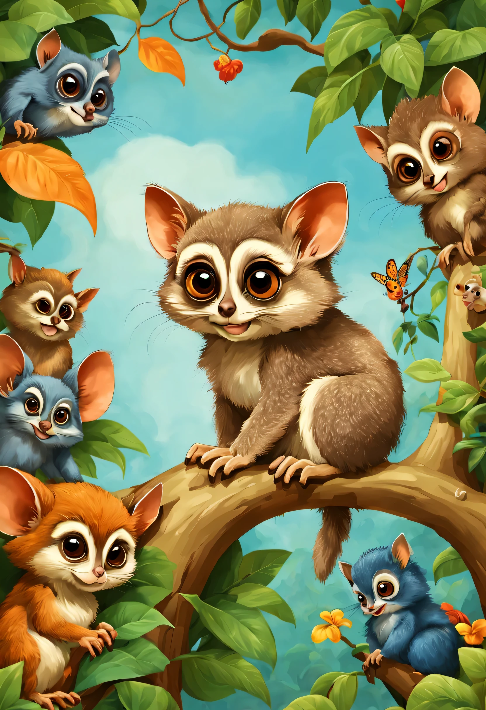 a bush baby sitting on a tree with background is a vibrant and enchanting depiction of the zoo, with other friendly animals peeking out from the lush vegetation, vintage cartoon, whimsical illustration, pixar