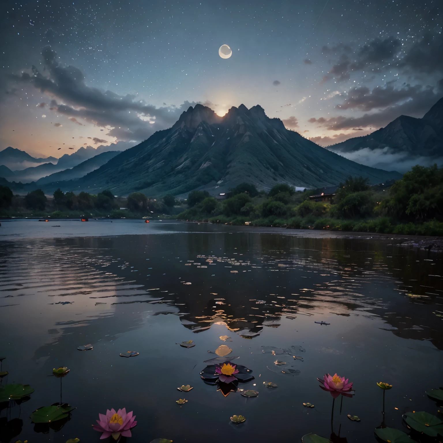 At night, only the moonlight illuminates, crooked moon, mountains in the distance, beautiful big lotus flowers nearby, big red lotus flowers, running water next to it, frogs, summer full of joy, crooked moon in the sky mixed with stars, amazing wallpaper, rainy night, night in the rain, beautiful and beautiful, movie, high detail ((heavy rain))), 8k