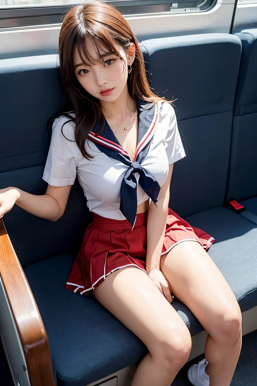 high school girl、Highest image quality、(Sailor Mars)、((sailor suit))、beautiful feet、((slender))、Whitening skin、miniskirt、riding the bus、Sitting on a chair on a bus、((Composition seen from the side))、((Composition seen from directly above))、((super big breasts))、((No bra))、((The nipple protrusions push up the uniform))、cropped tops、The hem is left uncut、Arch your back and push your chest forward、((short sleeve))、barefoot、((Wearing mules))、thin legs、((sit with your legs straight out in front of you))、Eyes are not looking at me、((Uncle touching my chest))