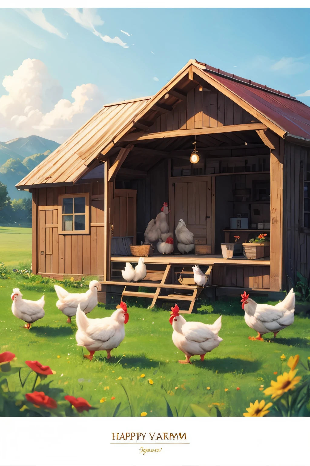 happy farm, family of chickens,