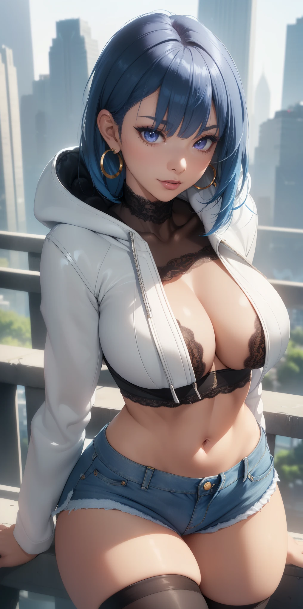 Big breasts, she is a Beautiful Woman ((beautiful 26 year old woman)), ((blue hair behind her ears, stylish, natural cut, shine, earrings, bangs)), double eyelids, light purple eyes and detailed, hyper detailed , light effect in her eyes, detailed iris, with incredible breasts and perfect waist, and an extremely sensual body, ((white leather jacket, hood, short denim shorts, striped socks, open in the middle of the breasts)), (( round breasts))), beautiful makeup, cleavage, ((masterpiece, hyper realistic, hyper detailed, best quality, 16k, light and shadow effect on skin, vivid colors)), eyeliner, passionate expression, pink lips perfect, innocent and sexy face, evil smile, ((skin with light and shadow), beautifully seductive, ((she is beautiful)), sensual pose, flirting with the viewer, in a sensual pose, on a bridge, skyscrapers at the far away, city in the distance, beautifully seductive, body slightly inclined ((black lace crop top underneath, pose half to the side))