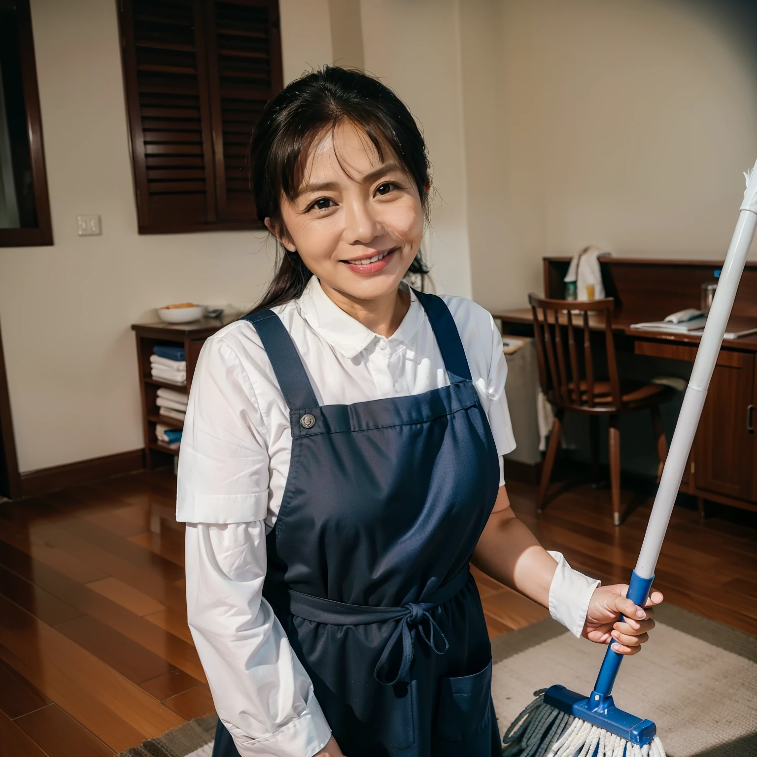 (50-year-old middle-aged filipino woman）Mopping with a mop，Housewear, maid uniform, aprons，in living room，desks，sofe，sface focus，looks into camera, smiling,
