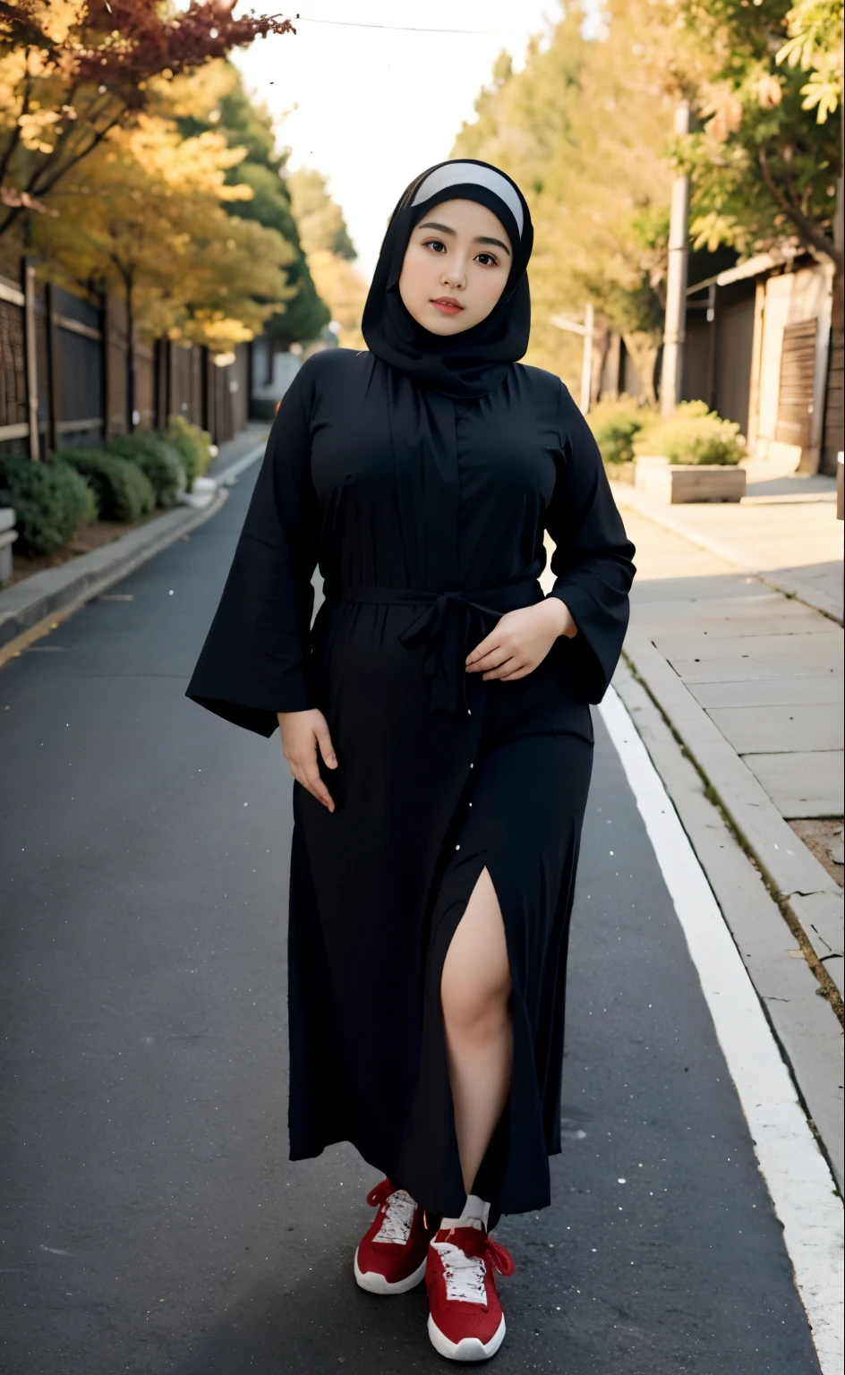 arafed woman in a black dress outfit Stand on a sidewalk, hijab fashion model, hijabi outfit, thicc, hijab, korean woman, wearing black robe, asian woman, bbwchan, photograph of a techwear woman, hijab, wearing a black robe, woman in black robes, random pose, wearing dark robe, asian women, korean girl, red sneakers, chubby cheeks. Full body, , 70 years old, thick body, beautiful thick female, wide hips, thick legs, she has a jiggly fat round belly, thick thighs, curvy hourglass figure, thicc, curvy model, widest hips, hyperrealistic full figure, bbwchan, voluptuous body, thick, , hena on arm, hena in belly, , muslim clothes, 70 years woman. , chubby cheeks, Body height 170 cm.