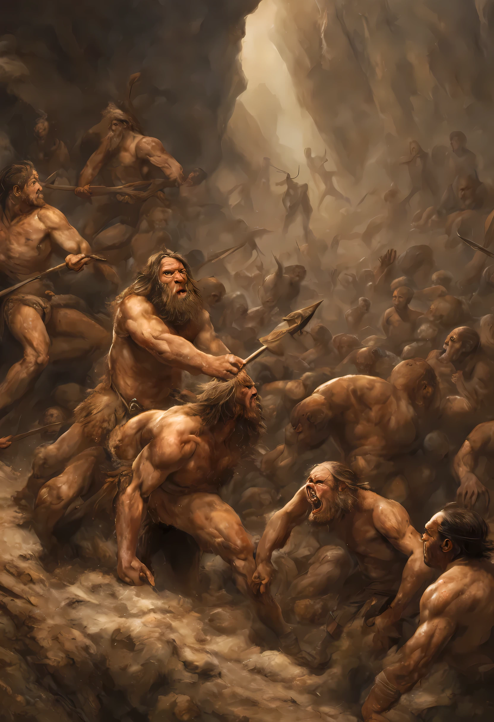 High resolution, ultra-detailed illustration depicting a realistic prehistoric battle scene between Neanderthals and Homo sapiens, ancient warfare, ((historical accuracy:1.2)), realistic anatomy, detailed facial features, tribal markings, primal weapons, authentic stone tools, realistic landscapes, intricate details of clothing and armor, intense action, ((accurate terrain:1.3)), historical realism, dynamic composition, ((fighting in a cave:1.4)), realistic wildlife, atmospheric lighting, ((dirt and mud:1.2)), professional paleo-artist, trending on scientific journals, 64k resolution, detailed expressions, primal conflict, realistic fire effects, ((realistic flora:1.2)), ((accurate fauna:1.3)), captivating storytelling, realistic depiction of primitive society.
