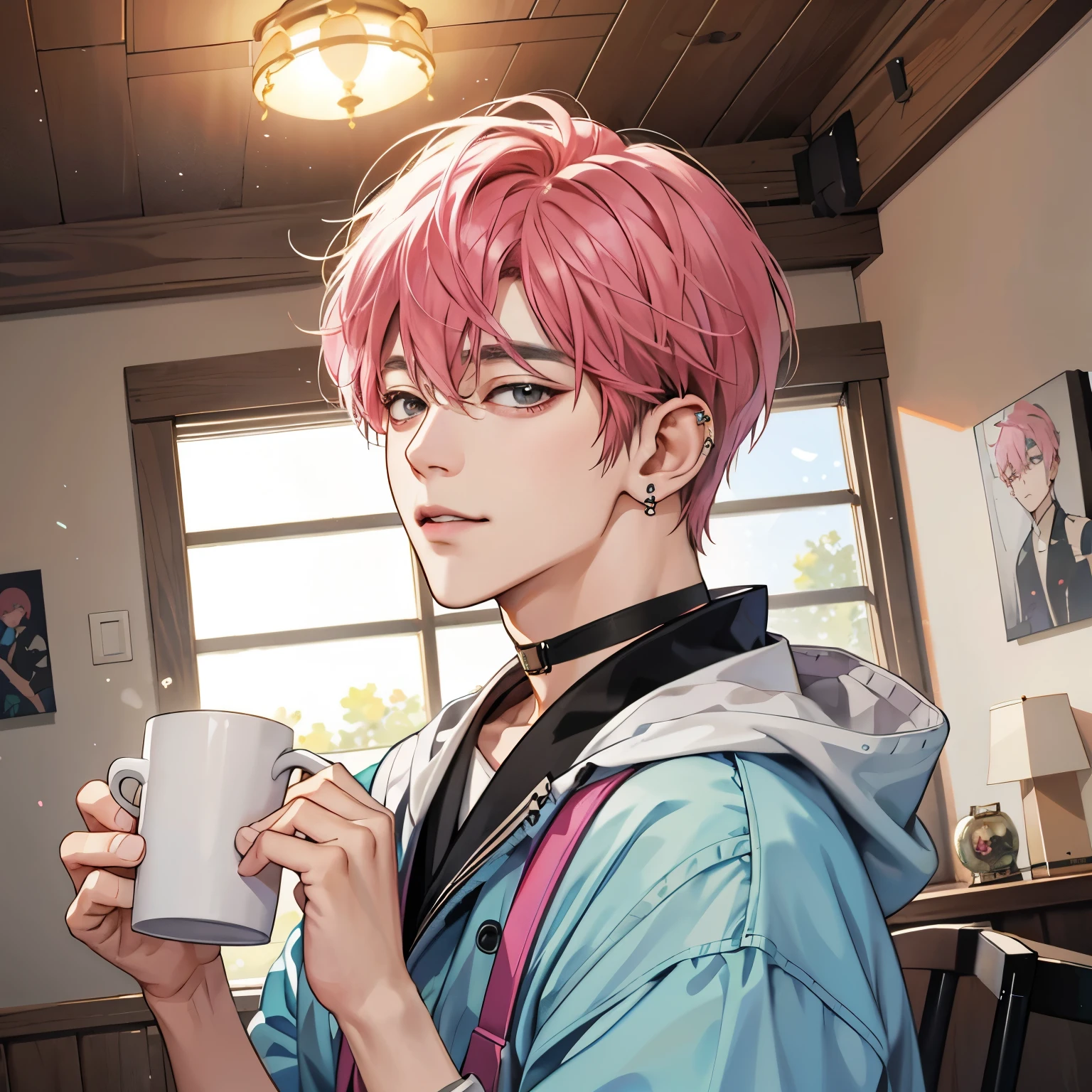 Guviz-style artwork, anime realism style, realistic anime art style, Inspired by Kim Taehyung, In an anime style, anime handsome man, dark pink hair、A sloppy smile、choker、Multiple piercings、Man with short hair、One man、gray eyes、room、暖かいroom、Holding the mug with both hands、upward glance、Multiple piercings、Roomwear、upward glanceでこちらを見上げる、relaxed atmosphere、Inspired by Kim Taehyung、calm atmosphere