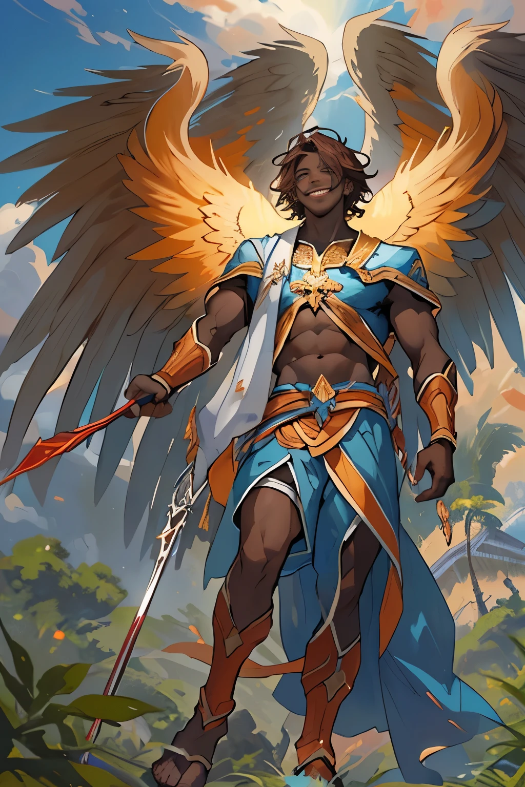 masterpiece, best quality, official art, extremely detailed CG unity 8k wallpaper, ((seraphim ((archangel Gabriel)) revealing himself to be a (dark-skinned young man) wearing flowing blue shorts with (shoulder-length curly reddish-brown hair) (holding the lance of longinus) upright)) with his third-eye open, fiery glowing halo above his head, walking through a mango tree grove approaching a pristine beach of Haiti, blue sky and soft fluffy white clouds, sunlight beaming on his face, perfect eyes, facing the viewer, full body portrait, smiling