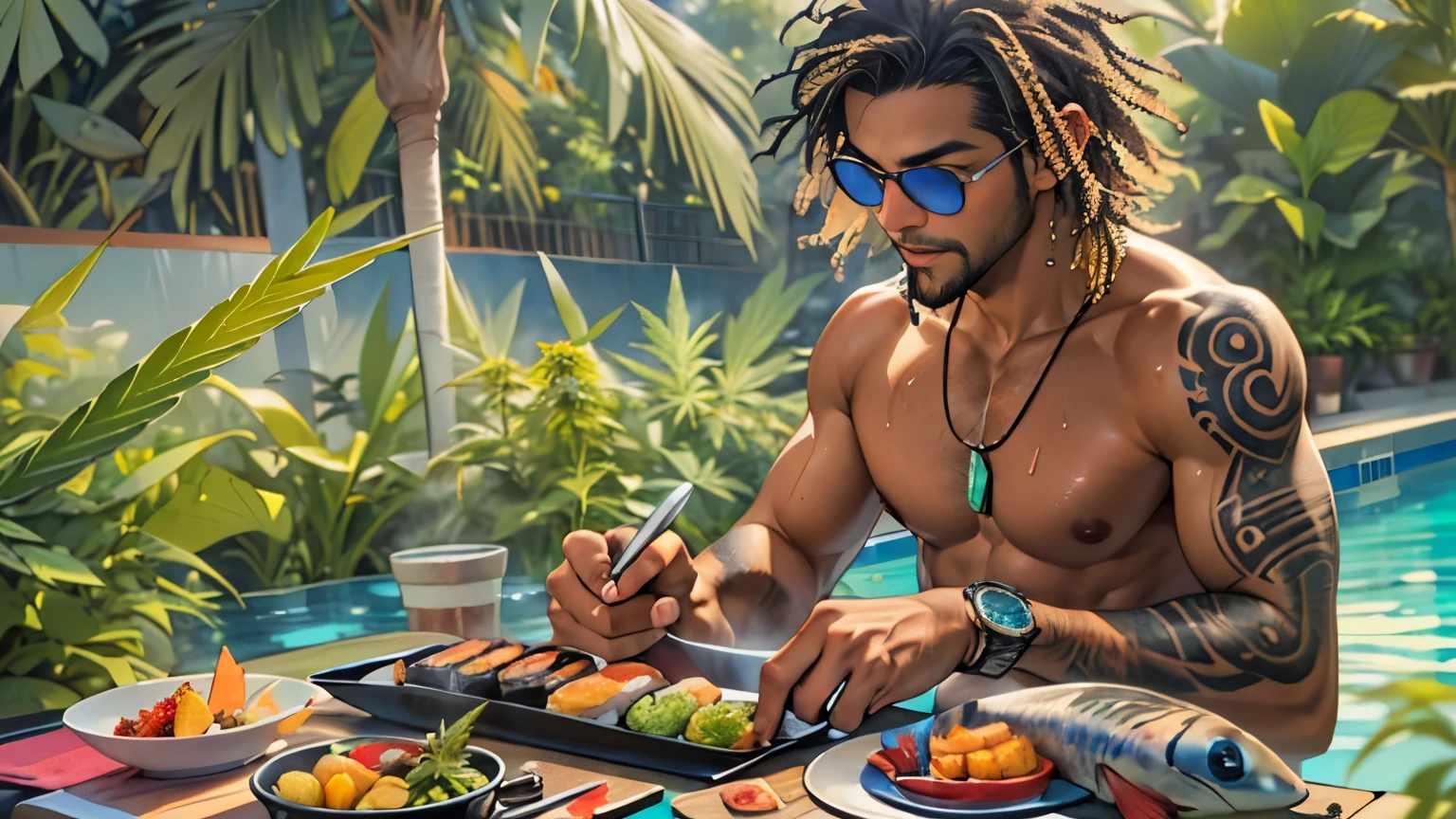 ((cheerful ((tanned ((Haitian)) man)) with shoulder-length hair sitting poolside while preparing fresh sushi platter, (wearing detailed luxury swimming trunks), (wearing azurite gem necklace), (watercolor cannabis and flower tattoos on arms and legs), mangoes and fish and rice and cigar and cannabis leaves and singular santoku knife surrounding sushi platter, high quality photo, sitting quietly poolside (with many potted cannabis sativa plants surrounding pool during foggy sunrise)