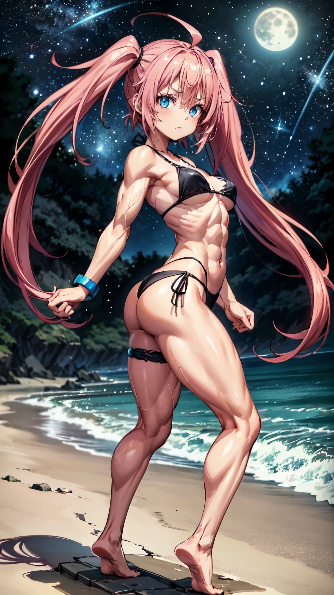 1 girl, (medium breasts))), (((wearing short bikini))), (long pink hair), (((blue eyes))), Thin arms, (on the beach at night with starry sky and full moon blood), (thin waist), (((muscular legs))), muscular belly, barefoot, (((showing me his big ass))), (full body photo), (twintails), long eyes, eye reflex , bad mood, anime, anime style, ray tracing, Reflection, drop shadow, Panorama, Sony FE, 8k, UDisk, artwork, accurate, anatomically correct, super detail, best quality, ultra-high resolution, hard drive, 16k
