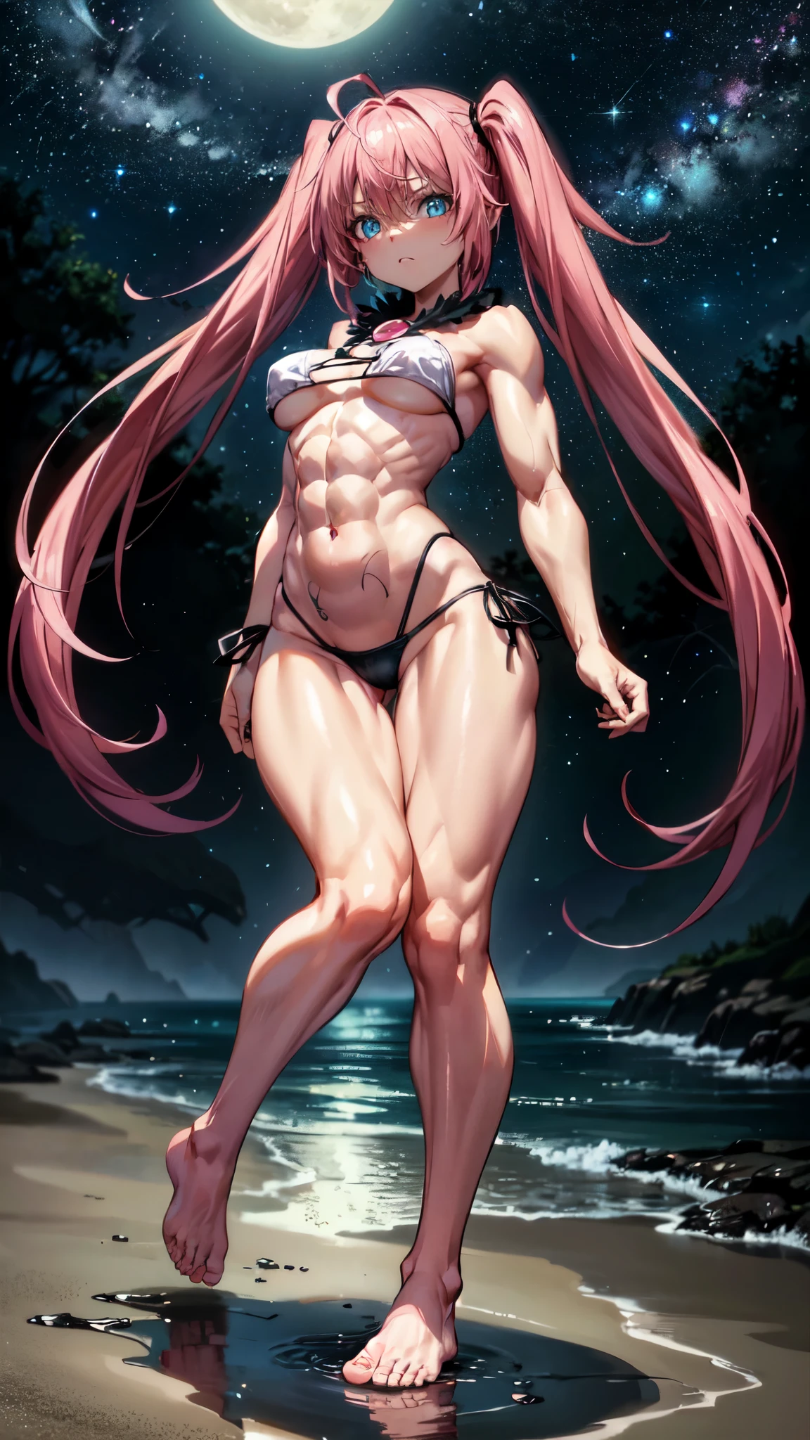 1 girl, (medium breasts))), (((wearing short bikini))), (long pink hair), (((blue eyes))), Thin arms, (on the beach at night with starry sky and full moon blood), (thin waist), (((muscular legs))), muscular belly, barefoot, (((showing me his big ass))), (full body photo), (twintails), long eyes, eye reflex , bad mood, anime, anime style, ray tracing, Reflection, drop shadow, Panorama, Sony FE, 8k, UDisk, artwork, accurate, anatomically correct, super detail, best quality, ultra-high resolution, hard drive, 16k