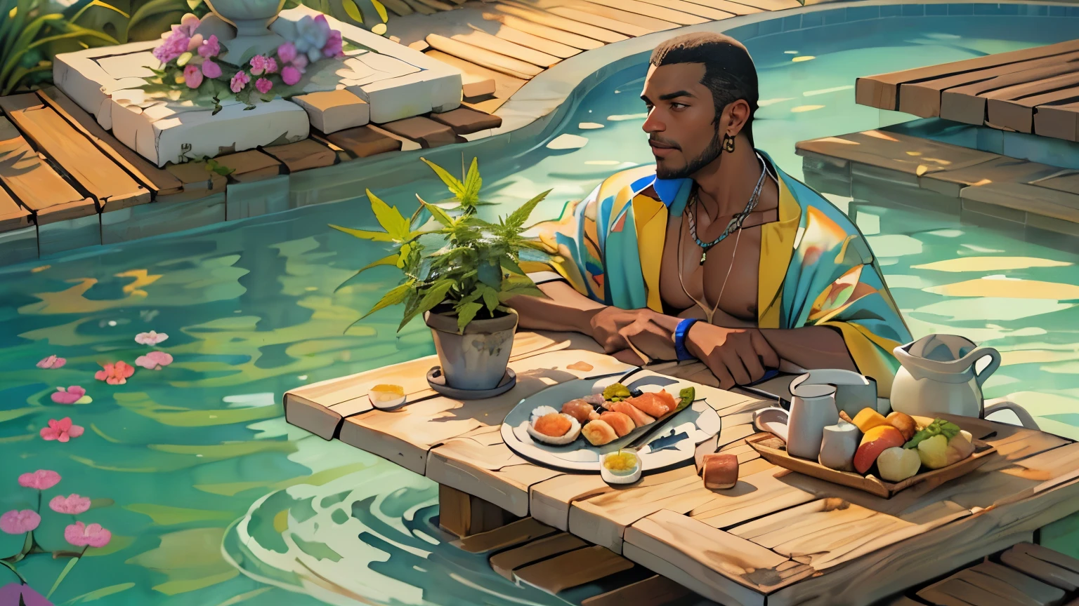 ((cheerful ((tanned ((Haitian)) man)) with shoulder-length hair sitting poolside while preparing fresh sushi platter, (wearing detailed luxury flowing robe and swimming trunks), (wearing azurite gem necklace), (watercolor cannabis and flower tattoos on arms and legs), mangoes and fish and rice and cigar and cannabis leaves and singular santoku knife surrounding sushi platter, gorgeous dark-skinned hijabi girl sleeping in recliner in background wearing micro-bikini, high quality photo, sitting quietly poolside (with many potted cannabis sativa plants surrounding pool during foggy sunrise)