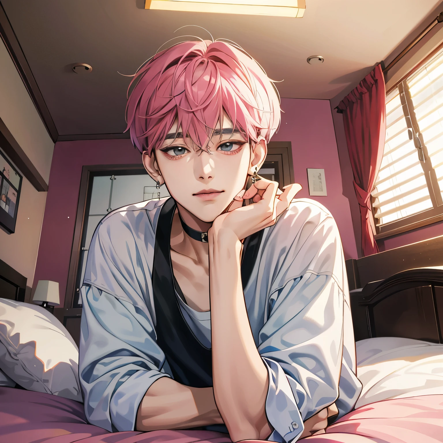 Guviz-style artwork, anime realism style, realistic anime art style, Inspired by Kim Taehyung, In an anime style, anime handsome man, dark pink hair、A sloppy smile、choker、Multiple piercings、Man with short hair、One man、gray eyes、room、暖かいroom、Holding the mug with both hands、upward glance、Multiple piercings、Roomwear、upward glanceでこちらを見上げる、relaxed atmosphere、Inspired by Kim Taehyung、calm atmosphere