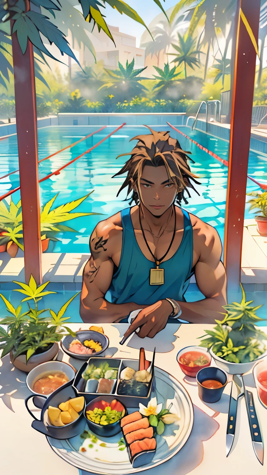 ((cheerful ((tanned ((Haitian)) man)) with shoulder-length hair sitting poolside while preparing fresh sushi platter, (wearing detailed luxury swimming trunks), (wearing azurite gem necklace), (watercolor cannabis and flower tattoos on arms and legs), mangoes and fish and rice and cigar and cannabis leaves and singular santoku knife surrounding sushi platter, high quality photo, sitting quietly poolside (with many potted cannabis sativa plants surrounding pool during foggy sunrise)