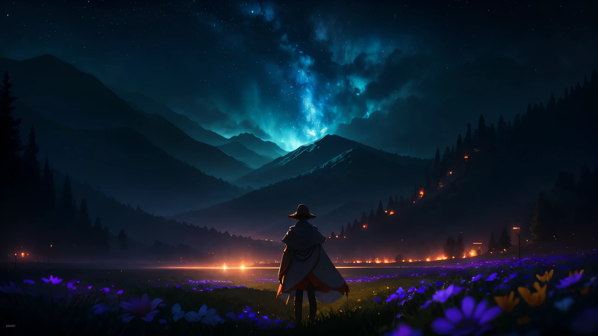the night，extreme light，mountain ranges，Wide landscape photos, (look from down, The sky is above, The vacant lot is below), (A girl standing on a flower field looking up), (full moon: 1.2), (meteors: 0.9), (Starcloud: 1.3), Distant mountains , green trees,artisanal art, (Warm light: 1.2), (Firefly: 1.2), lamp lights, Lots of purple and orange, Intricate details, Volumetric lighting BREAK (Masterpiece: 1.2), (Best quality), 4K, Ultra detailed, (Dynamic composition: 1.4), Rich in detail and corridescent color: 1.2), (Glow, Atmospheric lighting), Dreamy, magical, (Solo: 1.2)
