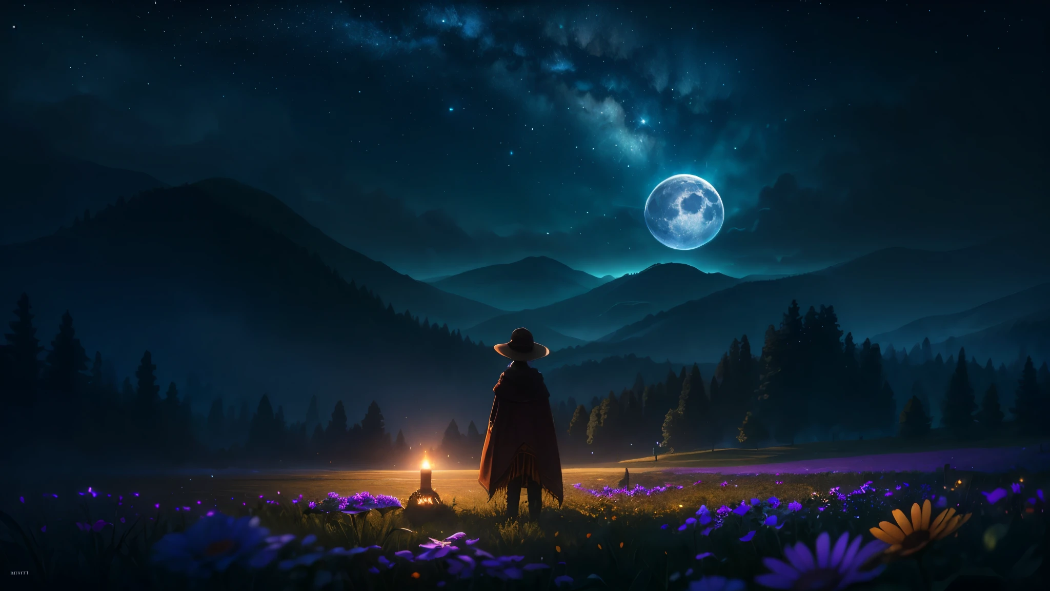the night,extreme light,mountain ranges,Wide landscape photos, (look from down, The sky is above, The vacant lot is below), (A girl standing on a flower field looking up), (full moon: 1.2), (meteors: 0.9), (Starcloud: 1.3), Distant mountains , green trees,artisanal art, (Warm light: 1.2), (Firefly: 1.2), lamp lights, Lots of purple and orange, Intricate details, Volumetric lighting BREAK (Masterpiece: 1.2), (Best quality), 4K, Ultra detailed, (Dynamic composition: 1.4), Rich in detail and corridescent color: 1.2), (Glow, Atmospheric lighting), Dreamy, magical, (Solo: 1.2)
