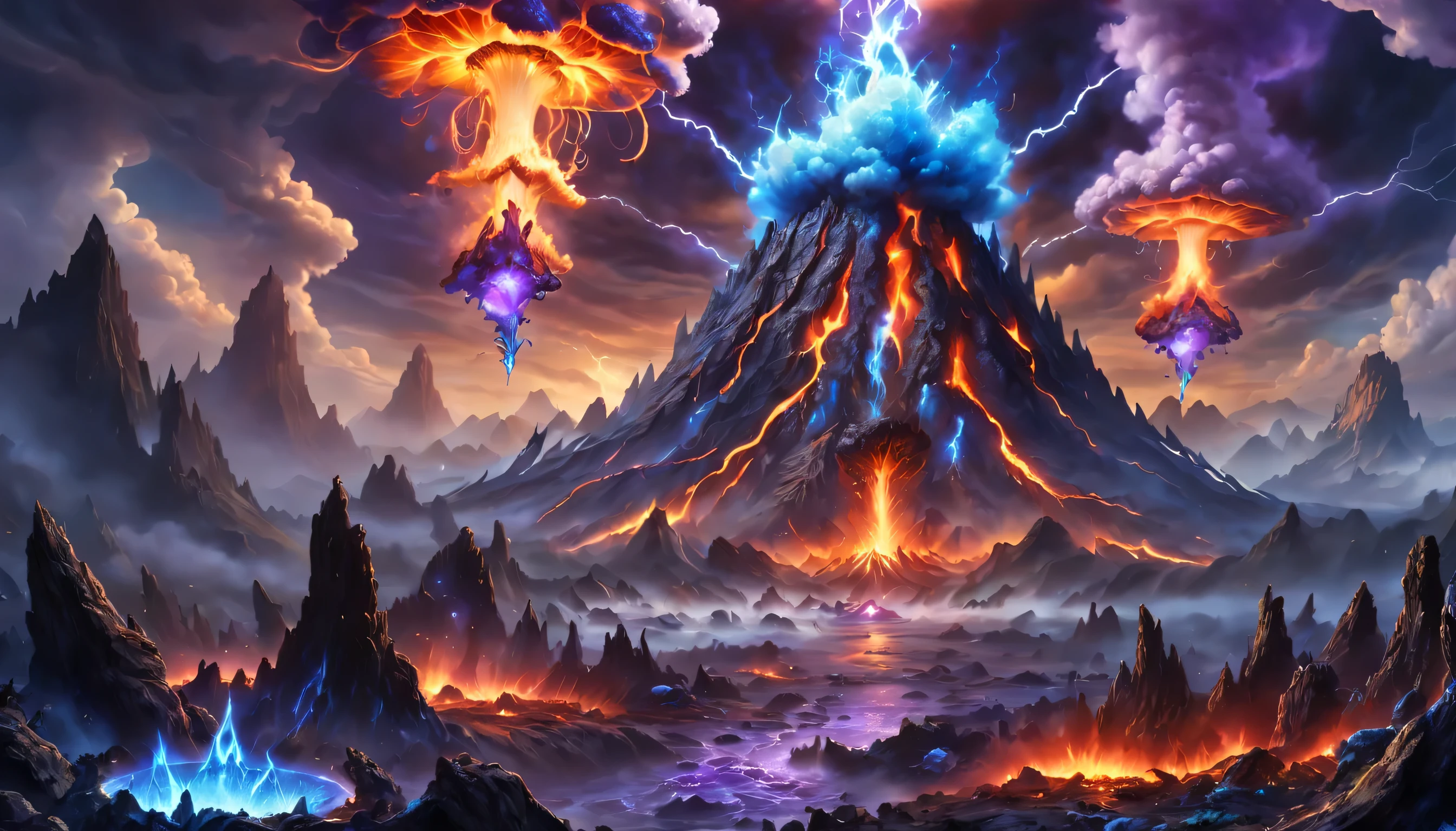 volcanoes,fire glow,blasts,molten lava,dense smoke,Nuclear explosion mushroom cloud explosion site,Pair with purple and blue gemstones, fantasy highly detailed, With gorgeous magic lightning rings, magia, beautiful detailed fantasy, hyper-high detail, , magic fantasy highly detailed, stuning fantasy 3 d render, Inspired by L. A, Highly detailed aesthetics, hyper-high detail