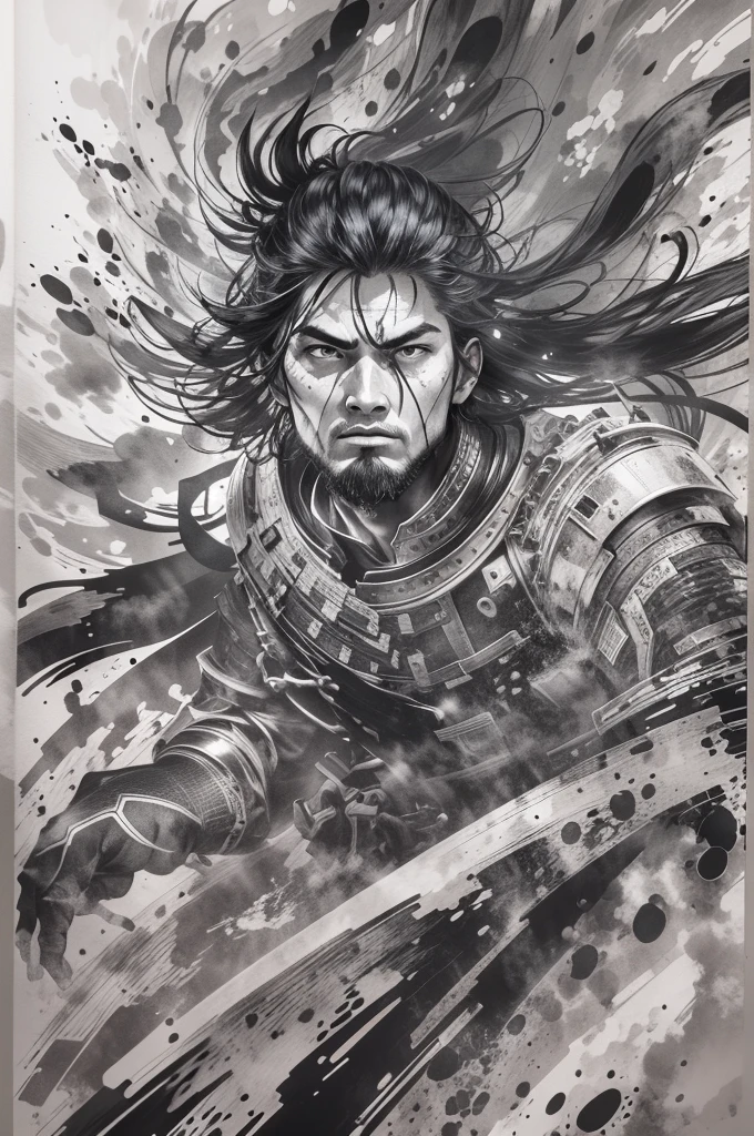 (black and white), (ink style art:1.3), (one human man)、warrior portrait、Face close-up、Proud tribal warrior heading into battle、Overflowing life energy、(black ink, ink dripping), (white background), vector style、Simple style, thick and bold brush strokes