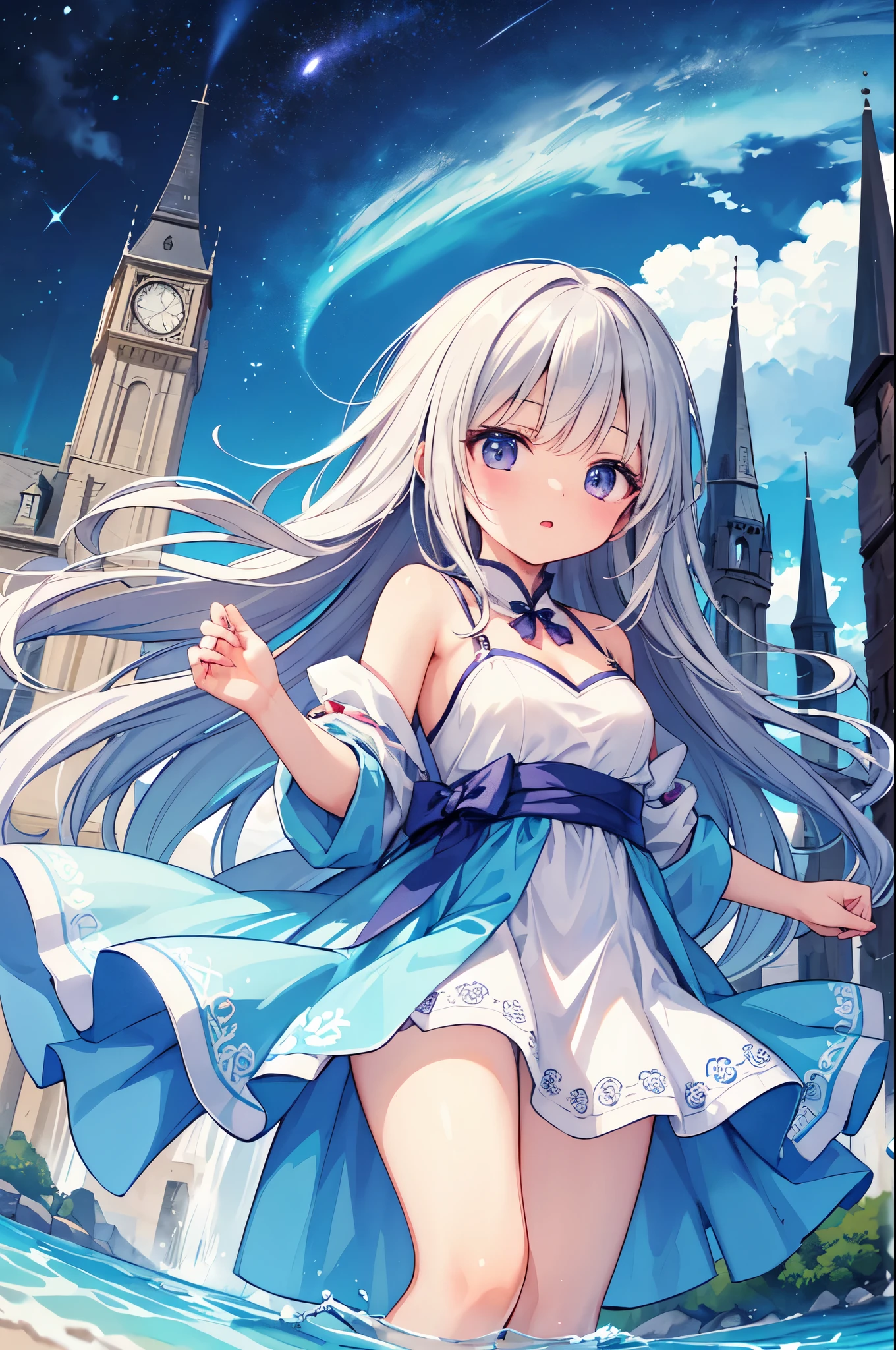 (masterpiece)、(highest quality)、((Super detailed))、(super delicate)、naughty chinese princess、Pastel colors hair、beautiful breasts、gorgeous castle、Fantastic starry sky、aurora、look up from below