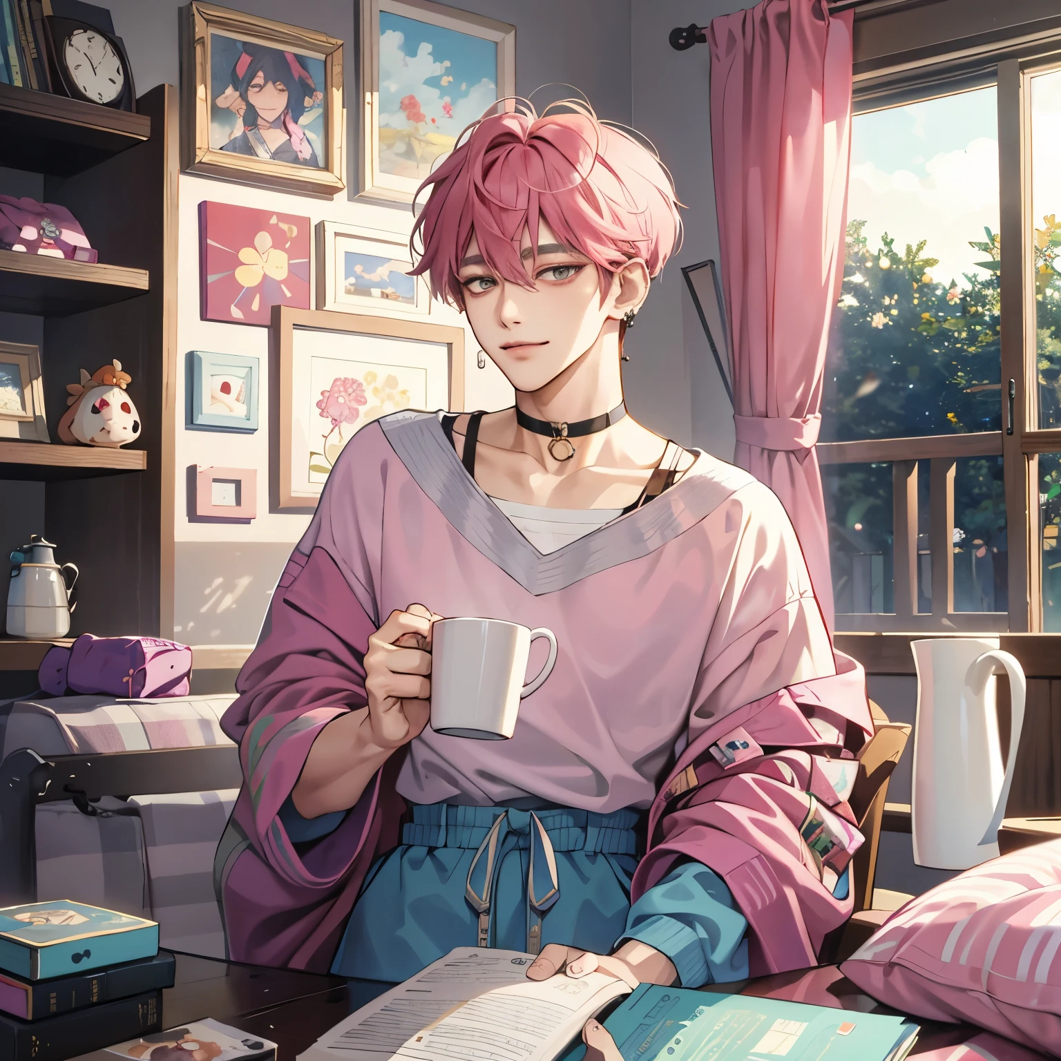 Guviz-style artwork, anime realism style, realistic anime art style, Inspired by Kim Taehyung, In an anime style, anime handsome man, dark pink hair、A sloppy smile、choker、Multiple piercings、Man with short hair、One man、gray eyes、room、暖かいroom、Holding the mug with both hands、upward glance、Multiple piercings、Roomwear、upward glanceでこちらを見上げる、relaxed atmosphere、Inspired by Kim Taehyung、calm atmosphere